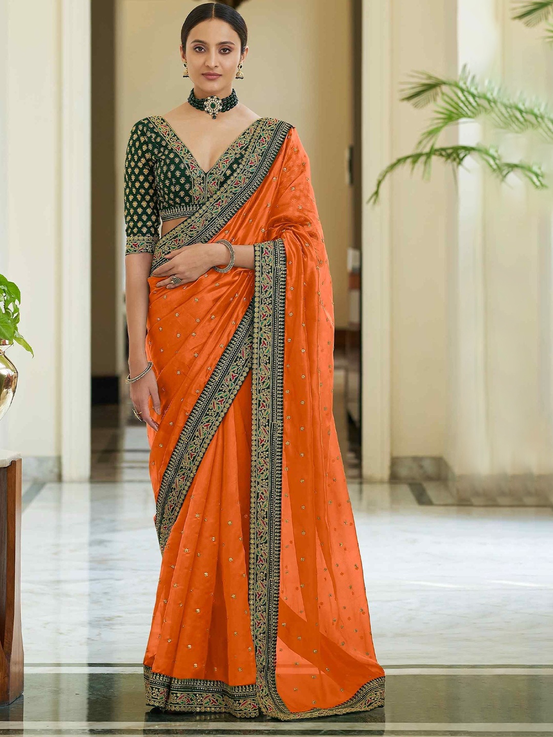 

DIVINE EXIM Embellished Embroidered Organza Saree, Orange