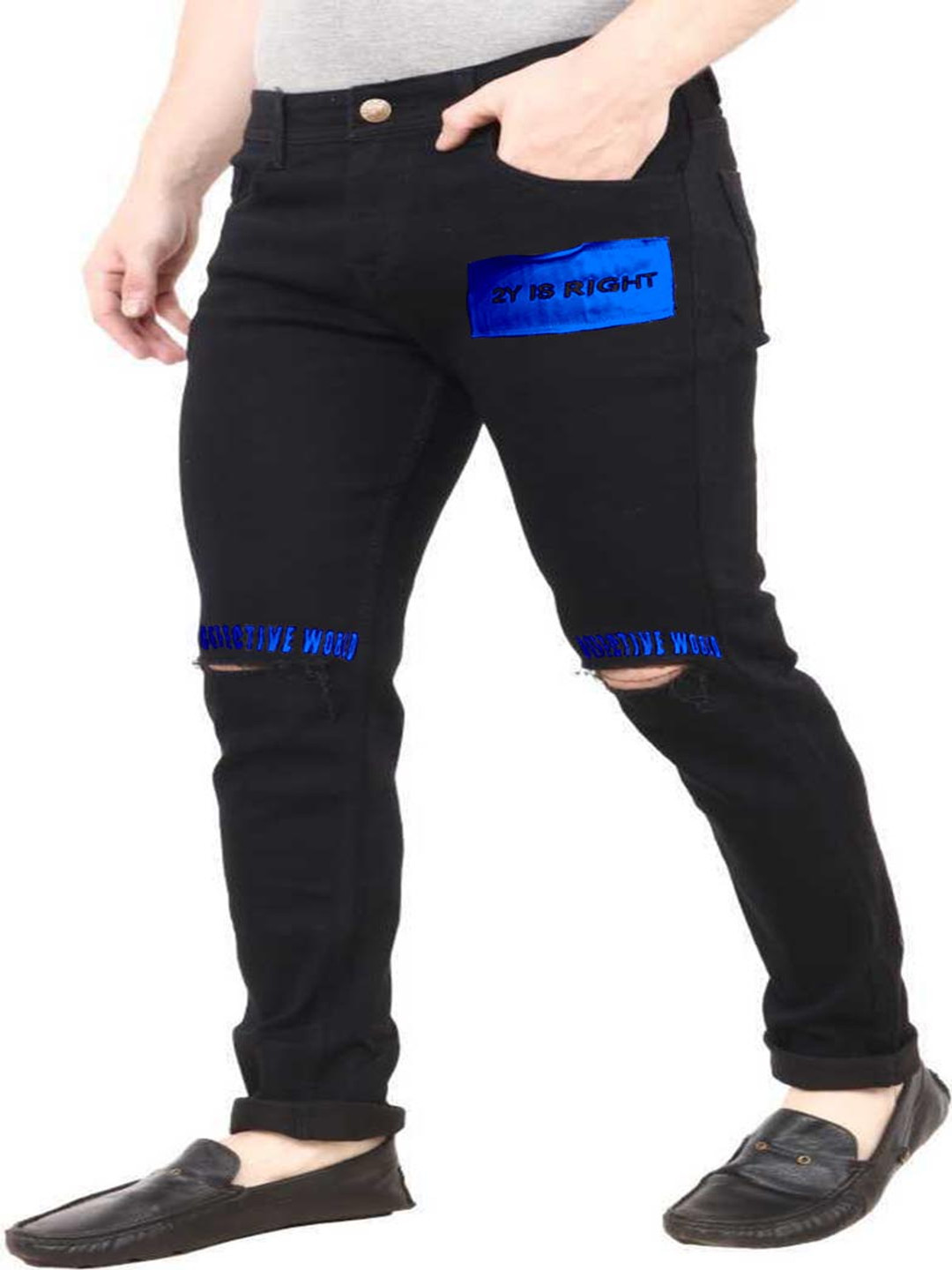 

Star4Well Men Narrow Slim Fit Low Distress Jeans, Black