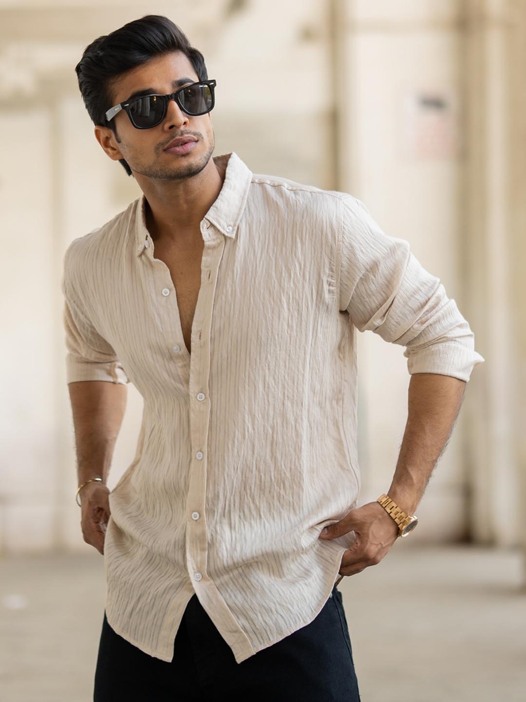 

Powerlook Men Regular Fit Button-Down Collar Textured Cotton Casual Shirt, Cream