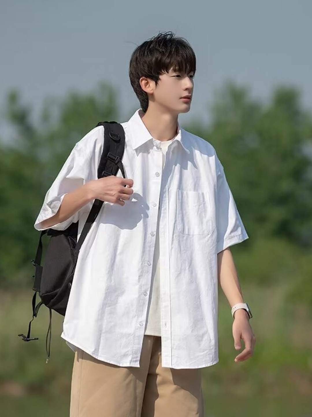 

HERE&NOW Men Oversized Fit Spread Collar Solid Casual Shirt, White