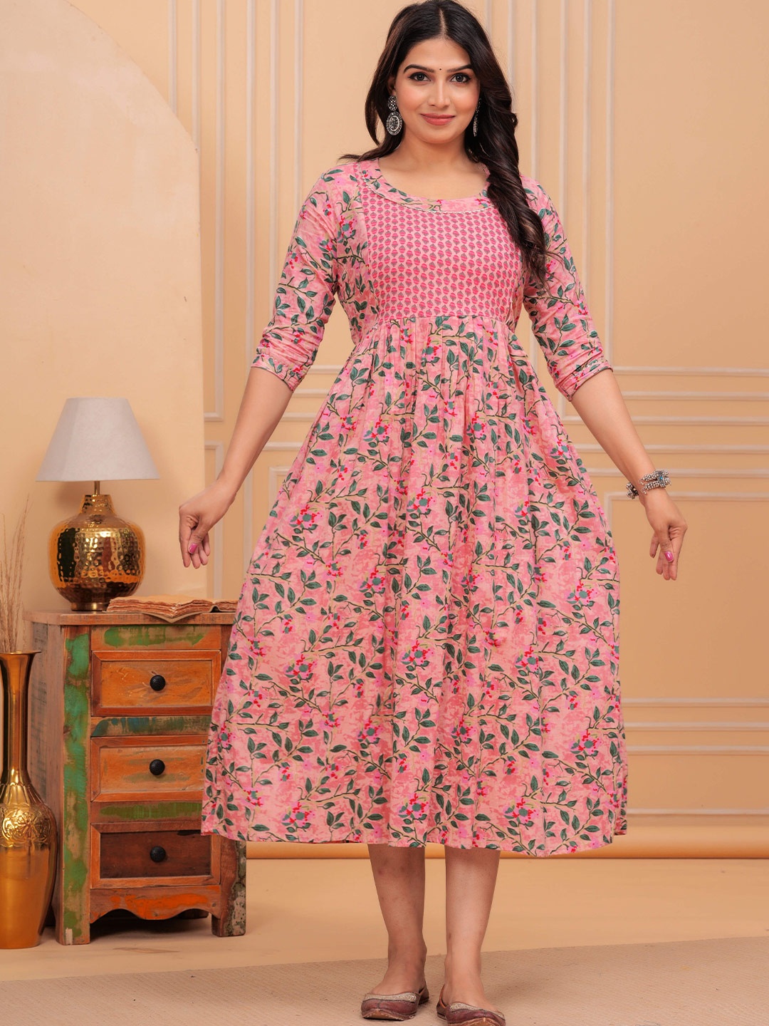 

UrbanRang Women Floral Printed Maternity Cotton Fit and Flare Midi Dress, Peach