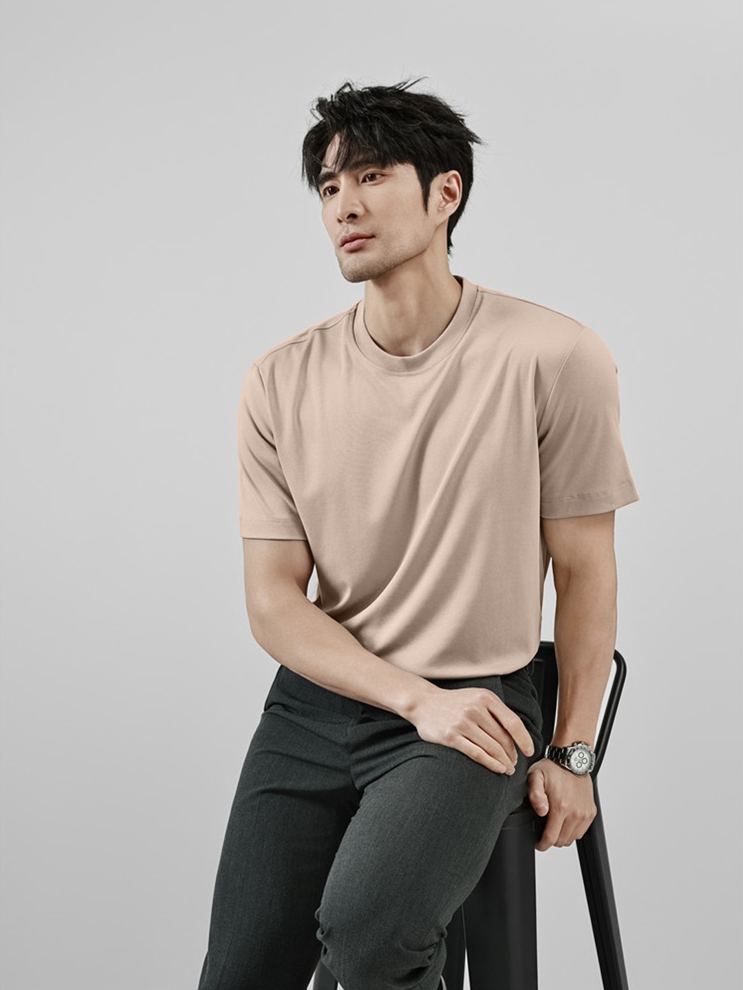 

madfrog Men Solid Round Neck Cotton T-shirt, Beige