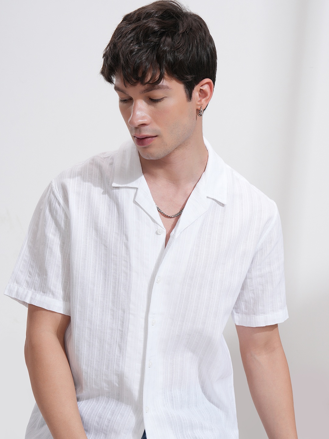 

HIGHLANDER Men Relaxed Fit Cuban Collar Textured Cotton Casual Shirt, White