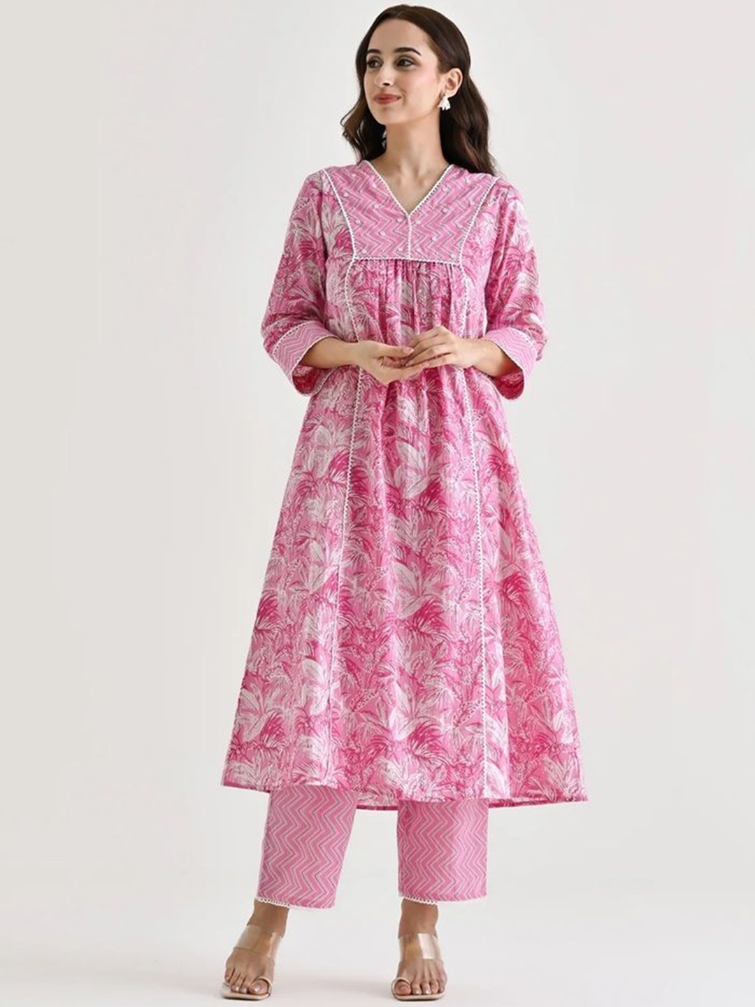 

KALINI Floral Printed V-Neck Anarkali Kurta With Trouser And Dupatta, Pink