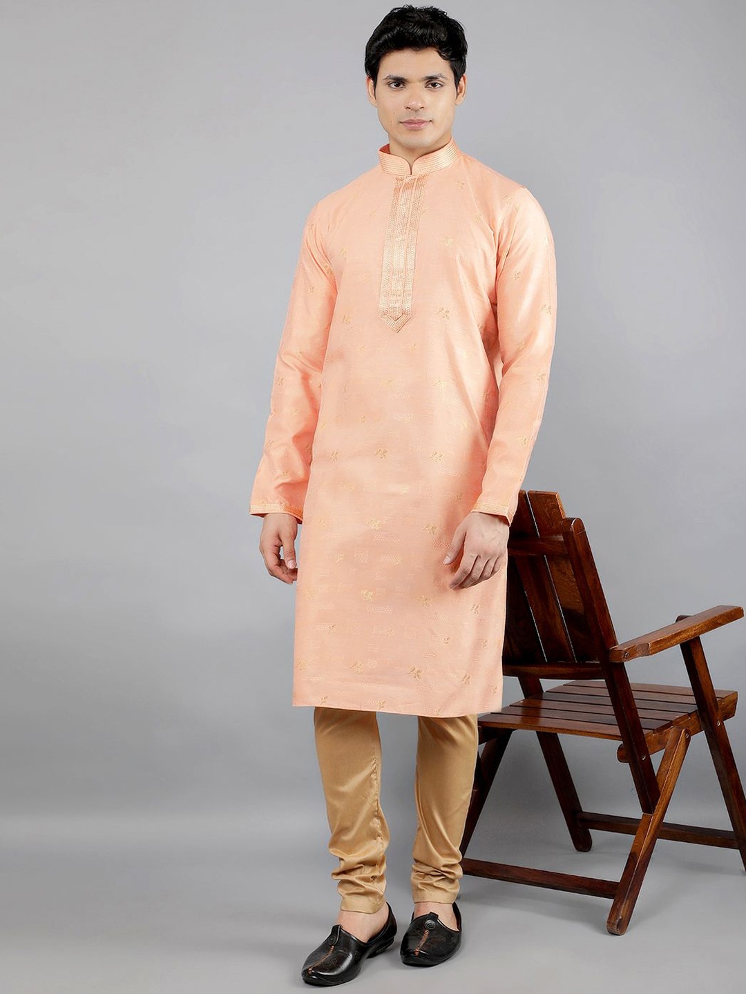 

Manish Creations Floral Woven Design Mandarin Collar Jacquard Straight Kurta With Churidar, Peach