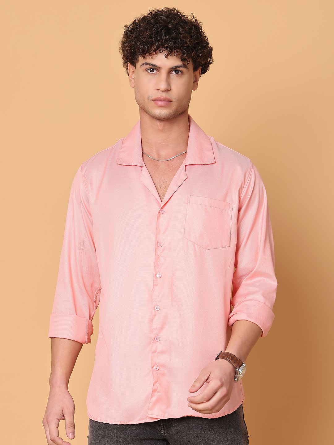 

Tanip Men Cuban Collar Solid Cotton Casual Shirt, Pink