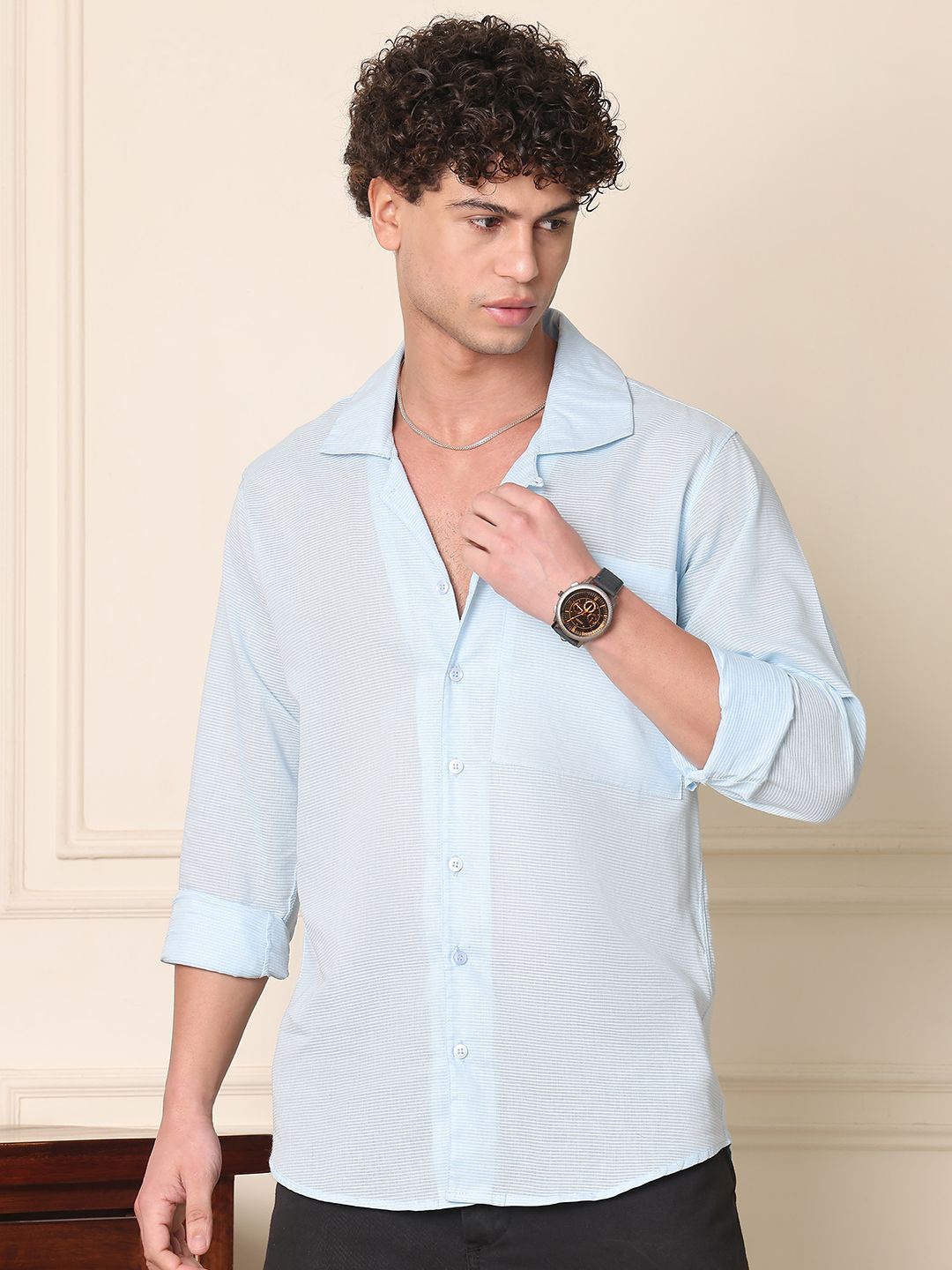 

Tanip Men Cuban Collar Textured Cotton Casual Shirt, Blue