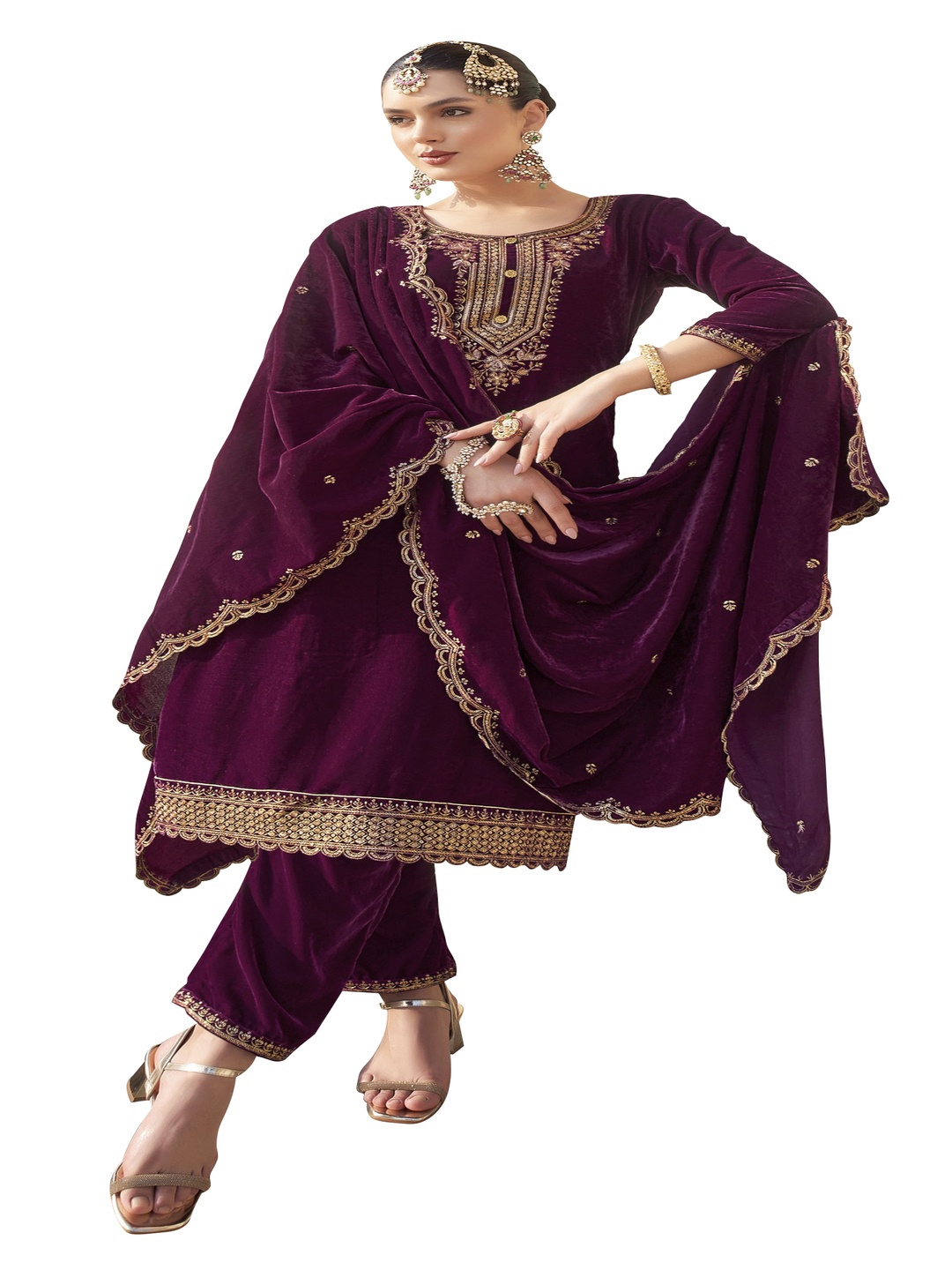 

DRAVINAM Trends Floral Embroidered Zari Work Velvet Unstitched Dress Material, Maroon