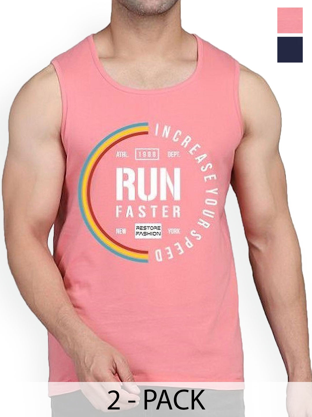 

WOOSTRO Men Pack Of 2 Printed Round Neck Cotton Gym Vests, Peach