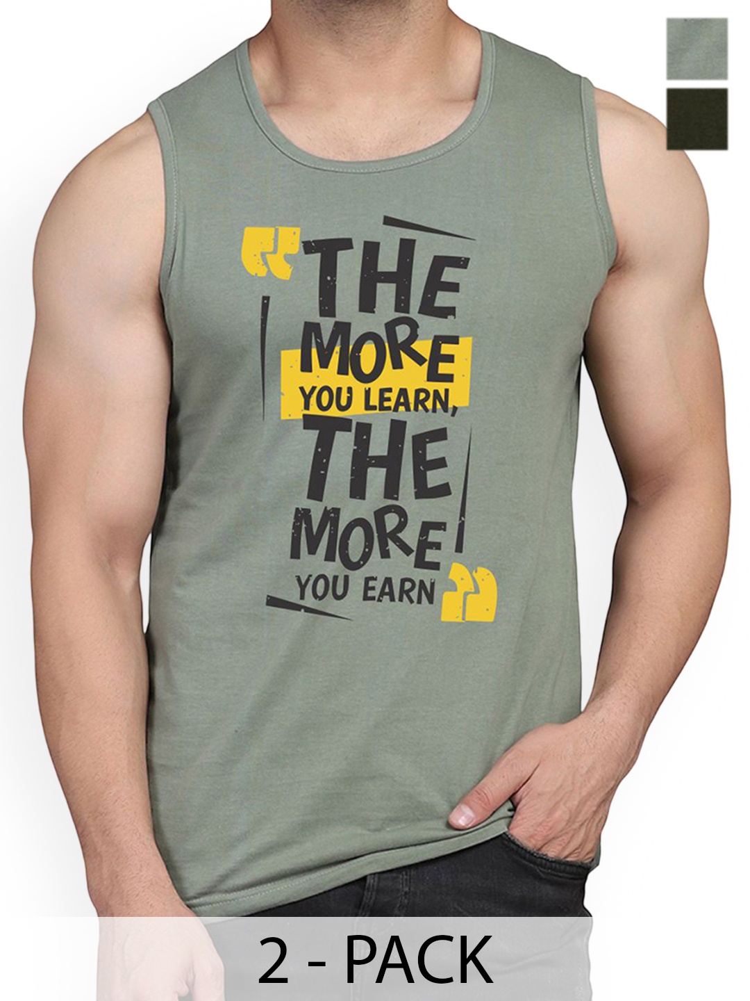 

WOOSTRO Pack Of 2 Printed Combed Cotton Gym Vest RS26 CMB (MORE LGTGREEN) (98 OLIVE), Green