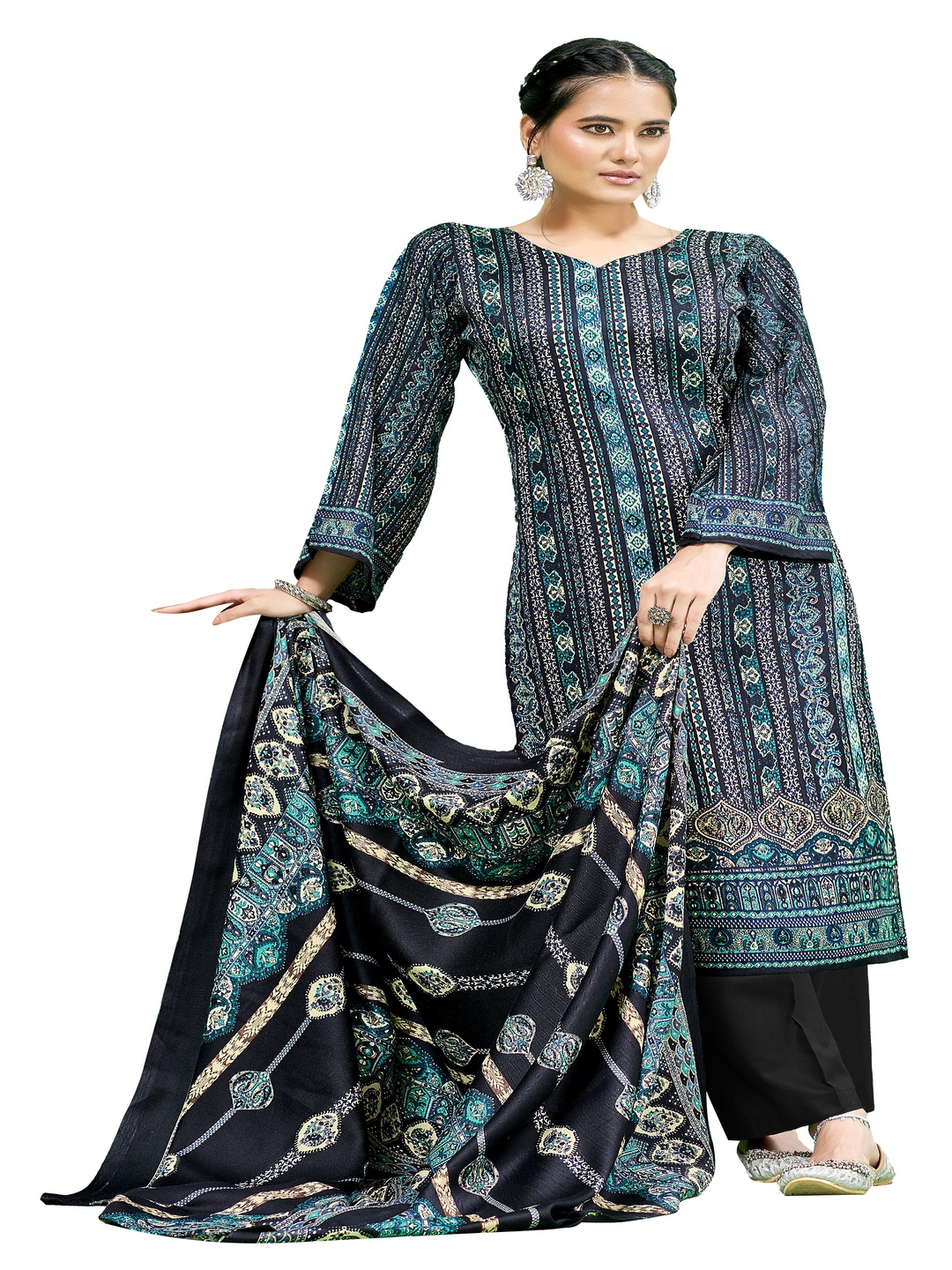 

DRAVINAM Trends Ethnic Motifs Printed Pashmina Unstitched Dress Material, Blue