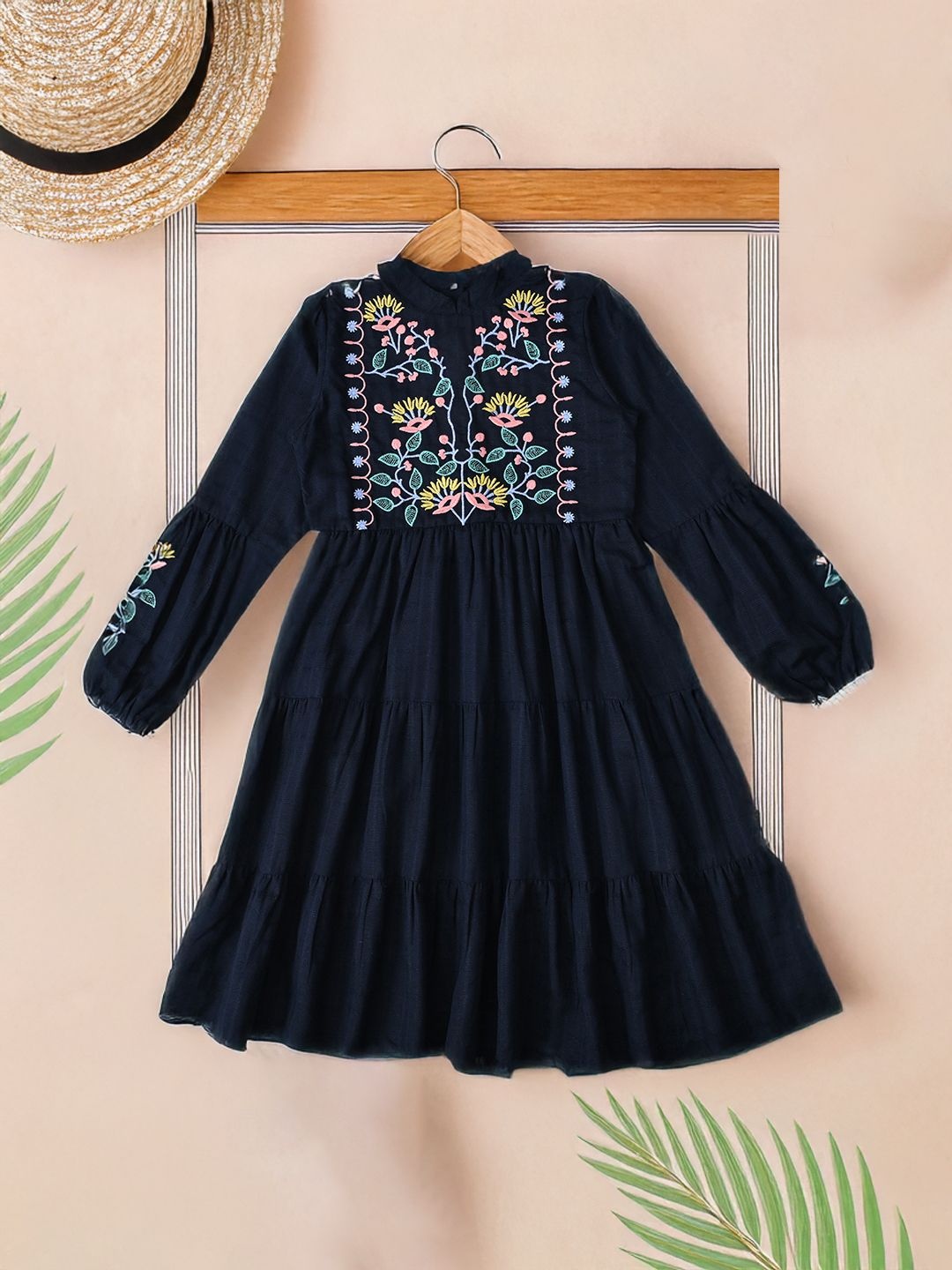 

Bella Moda Girls Floral Embroidered Cotton Fit & Flare Knee Length Dress, Navy blue