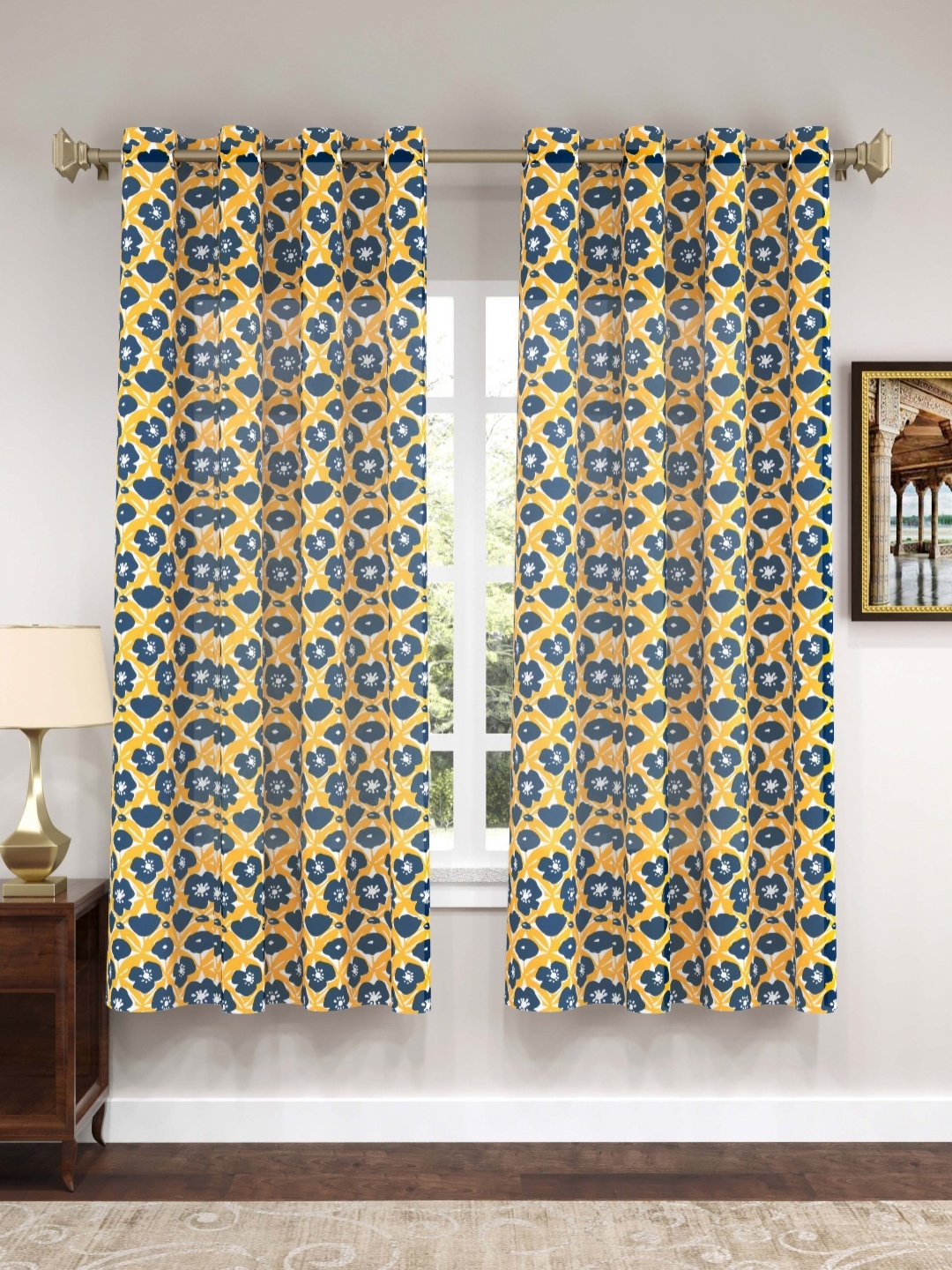 

Myntra Elegant Homes Blue & Yellow Set of 2 Ethnic Motifs Window Curtain