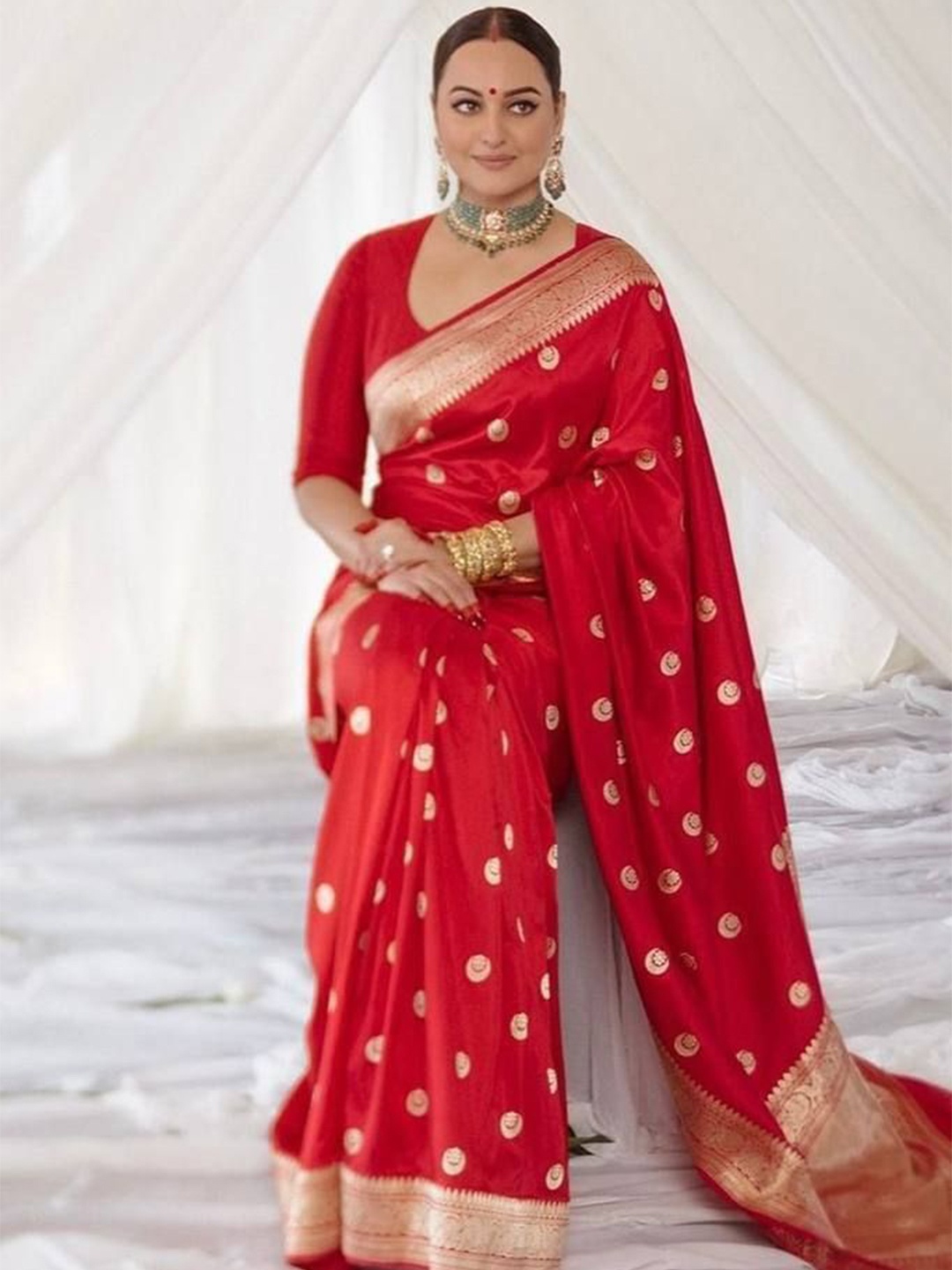 

bansari textiles Woven Design Zari Banarasi Saree, Red