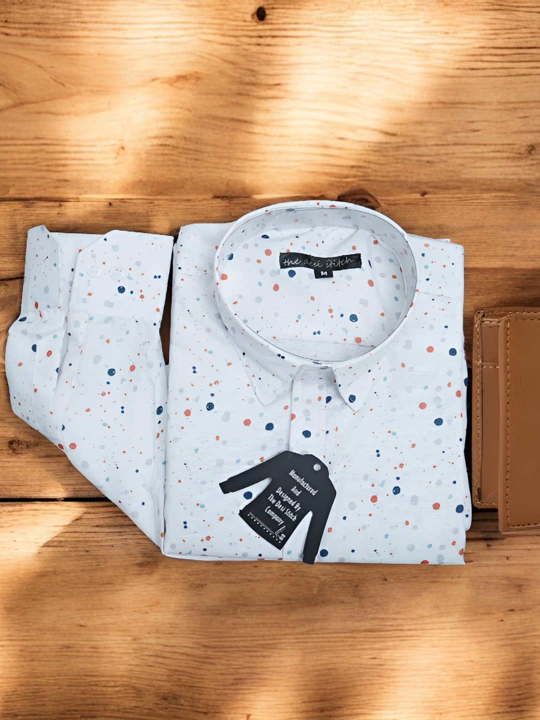 

Anikmart Polka Dots Printed Spread Collar Cotton Shirt & Leather Wallet, White