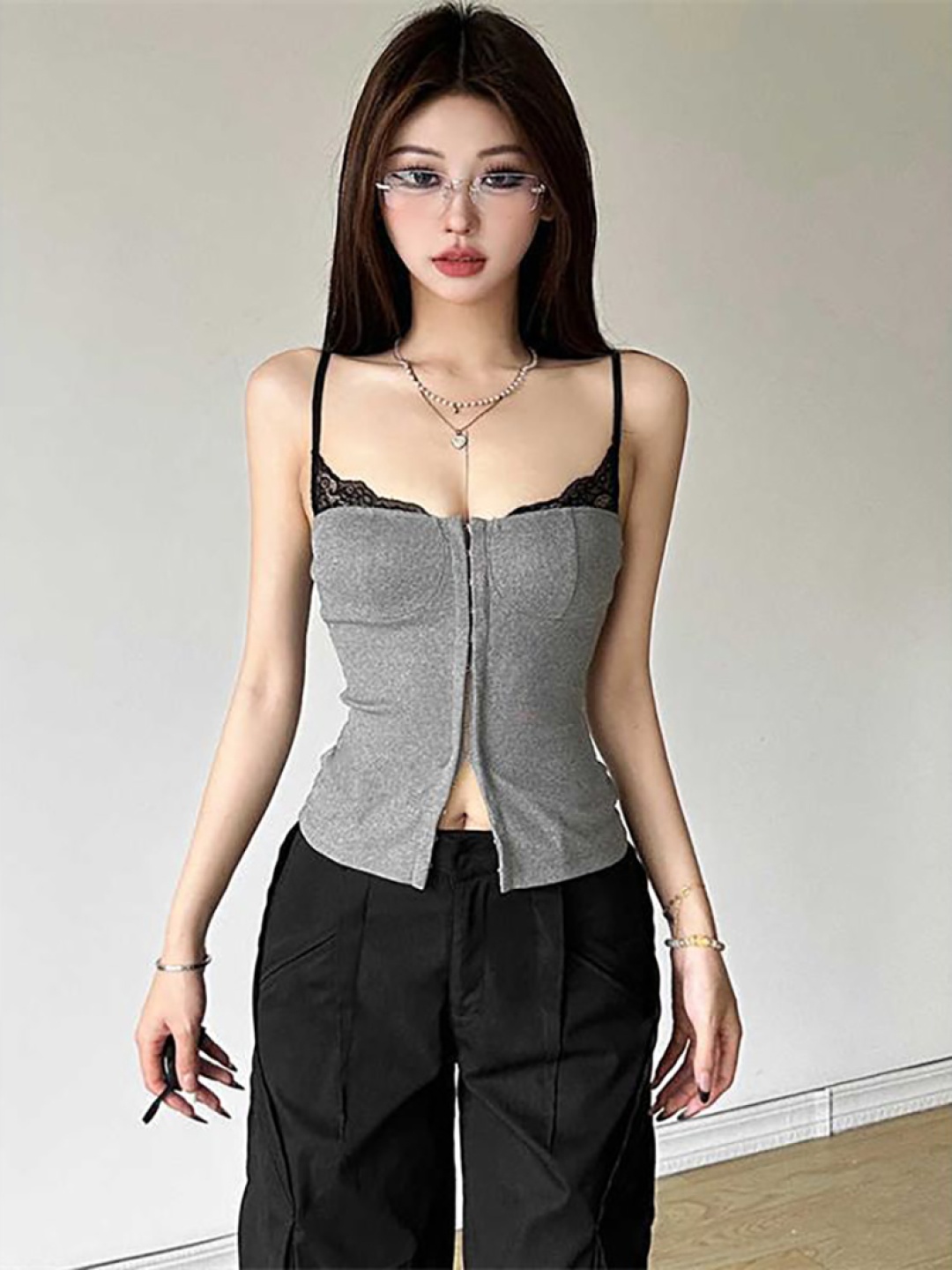

StyleCast x Revolte Lace Insert Fitted Crop Top, Grey