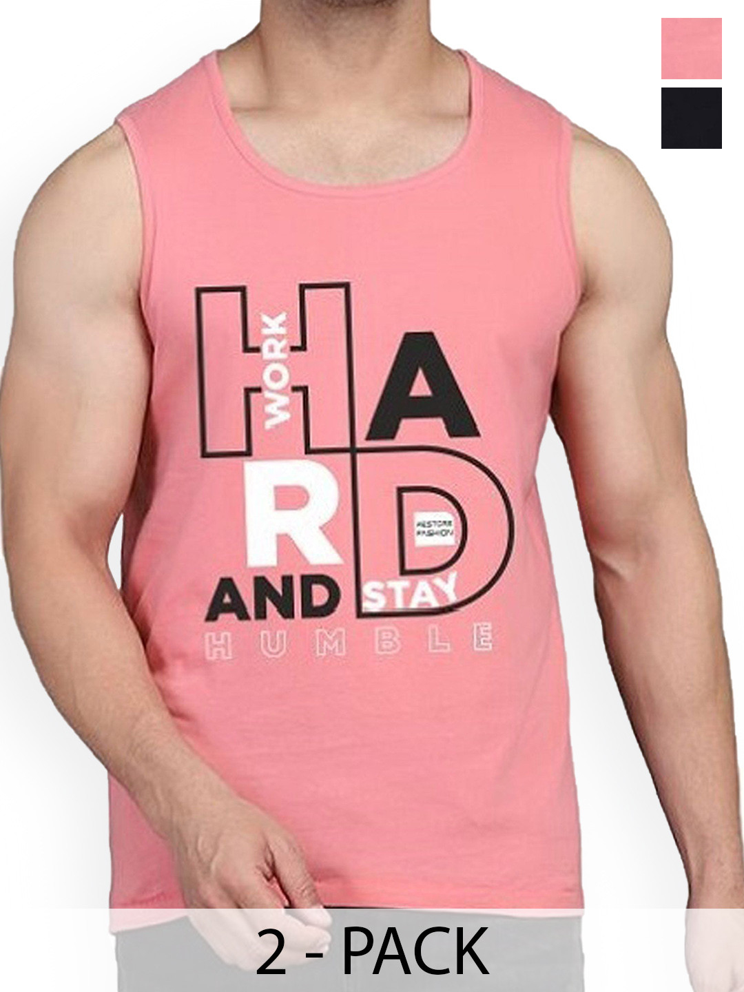

WOOSTRO Pack Of 2 Printed Cotton Gym Vests RS26 CMB (MORE BLACK) (HARD PEACH)