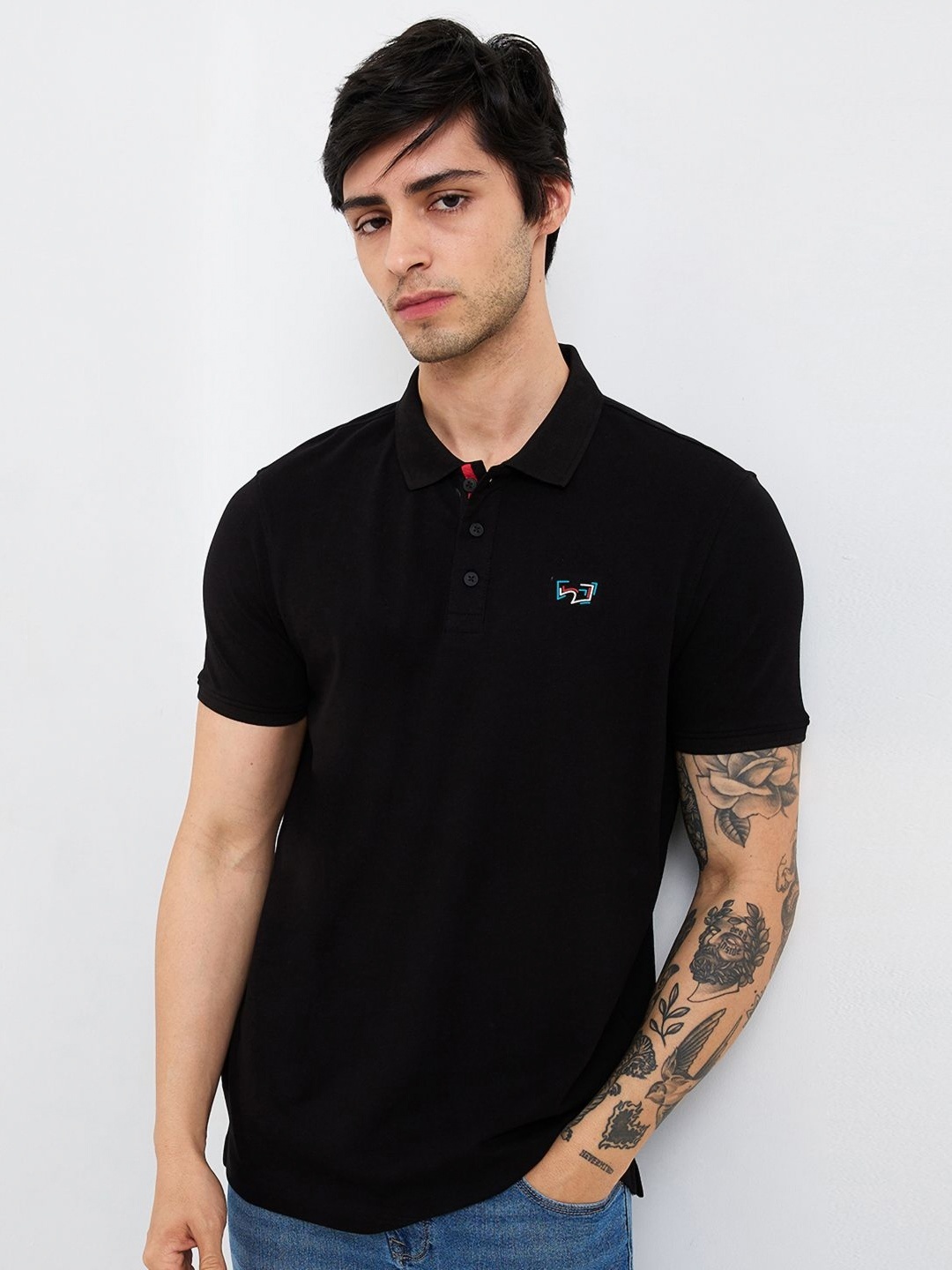 

SPYKAR Men Graphic Printed Polo Collar Cotton Slim Fit T-shirt, Black