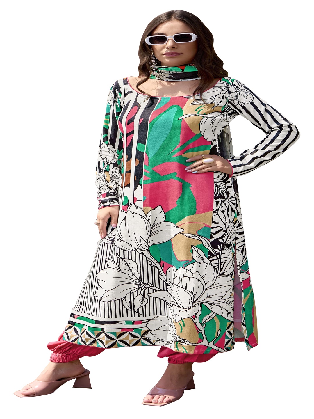 

DRAVINAM Trends Printed Unstitched Dress Material, White