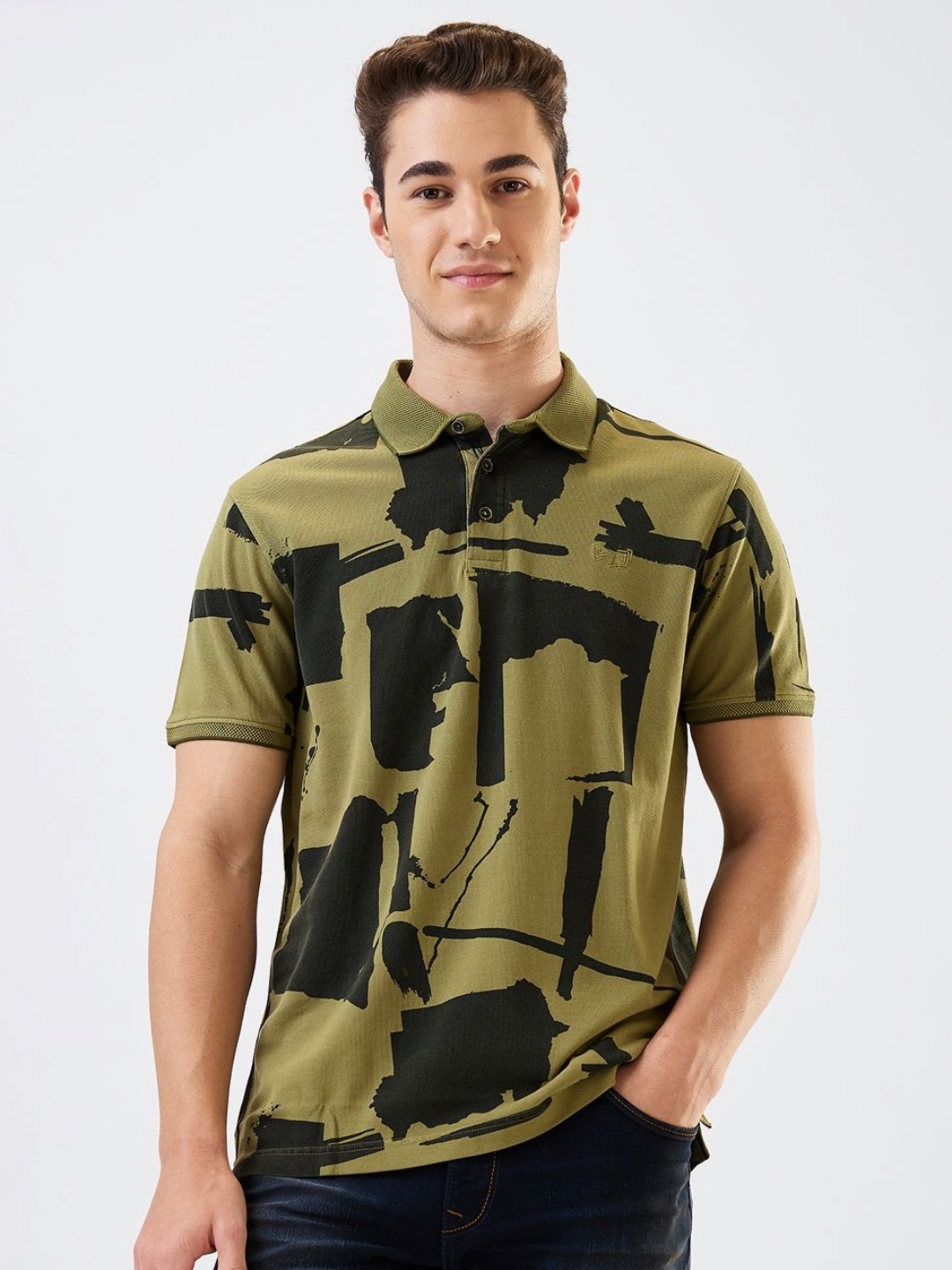 

SPYKAR Men Abstract Printed Polo Collar Cotton Slim Fit T-shirt, Green