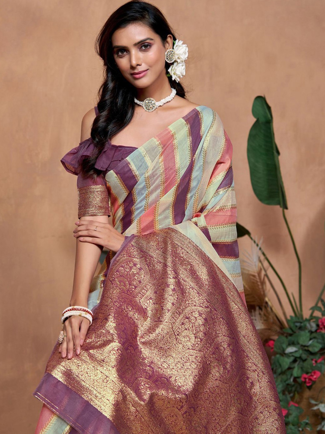 

KALINI Woven Design Zari Chanderi Saree With Blouse Piece, Purple