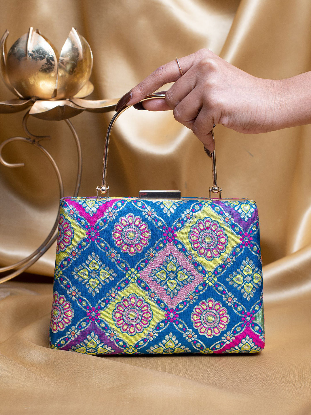 

ARTKLIM Floral Embroidered Brocade Box Clutch, Blue