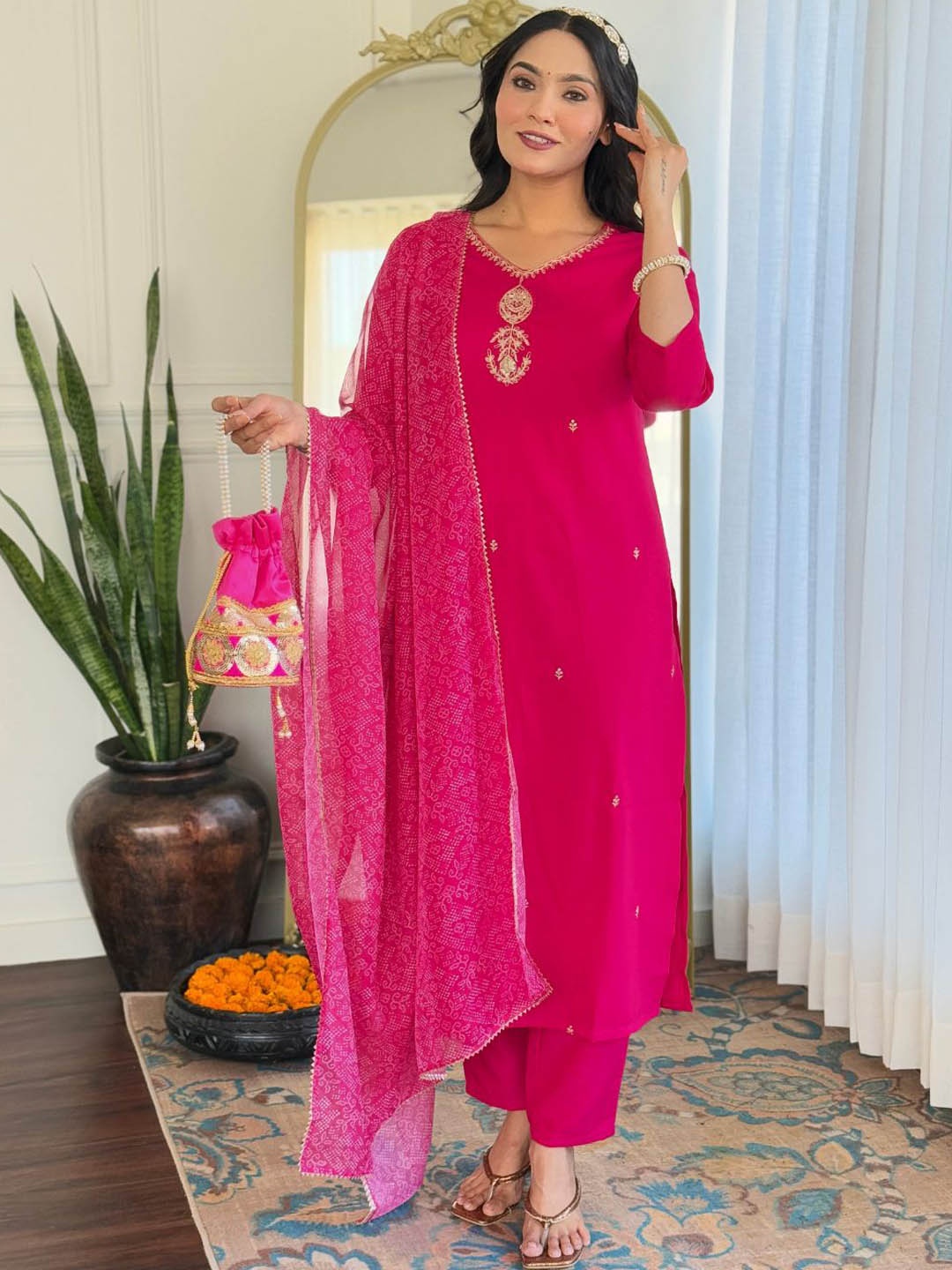 

KALINI Zari V-Neck Straight Kurta With Trousers And Dupatta, Pink