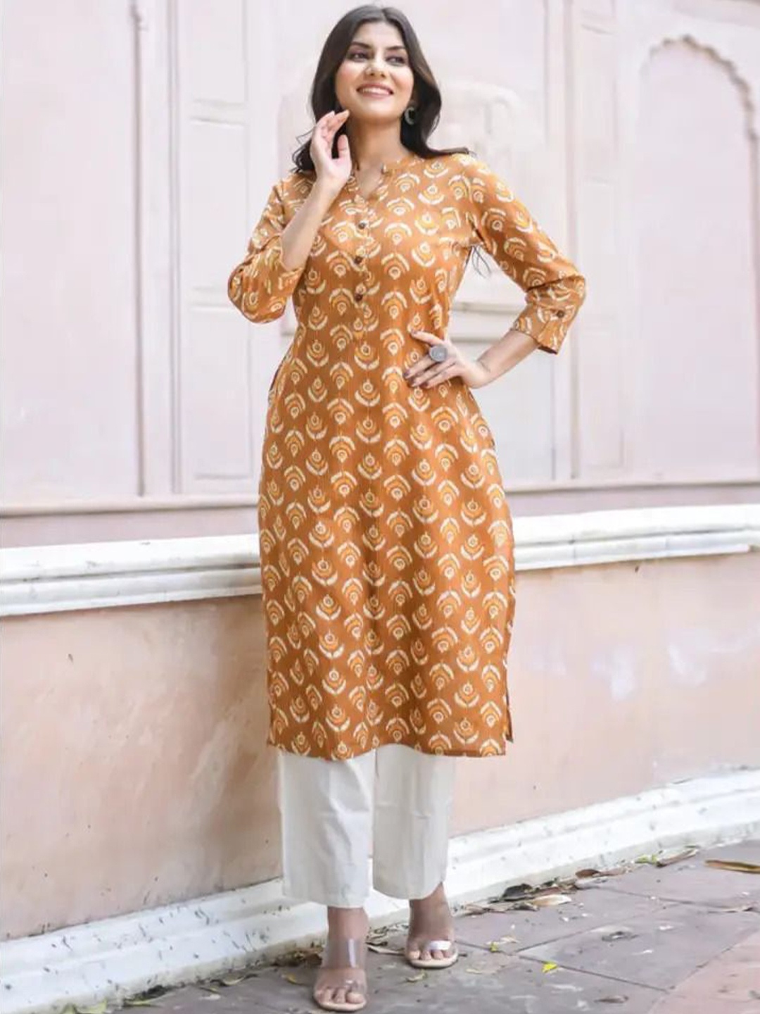 

Vivika Floral Printed Mandarin Collar Pure Cotton Straight Kurta, Mustard