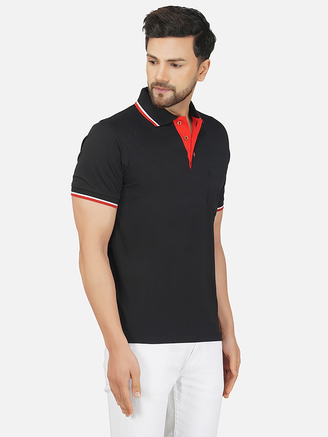 

ALARM Men Solid Polo Collar Cotton T-shirt, Black