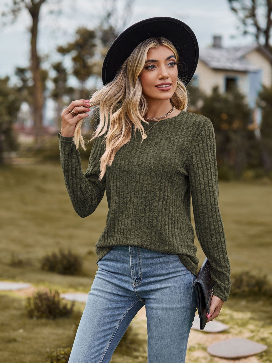 

StyleCast x Revolte Ribbed Round Neck Long Sleeves Regular Top, Green
