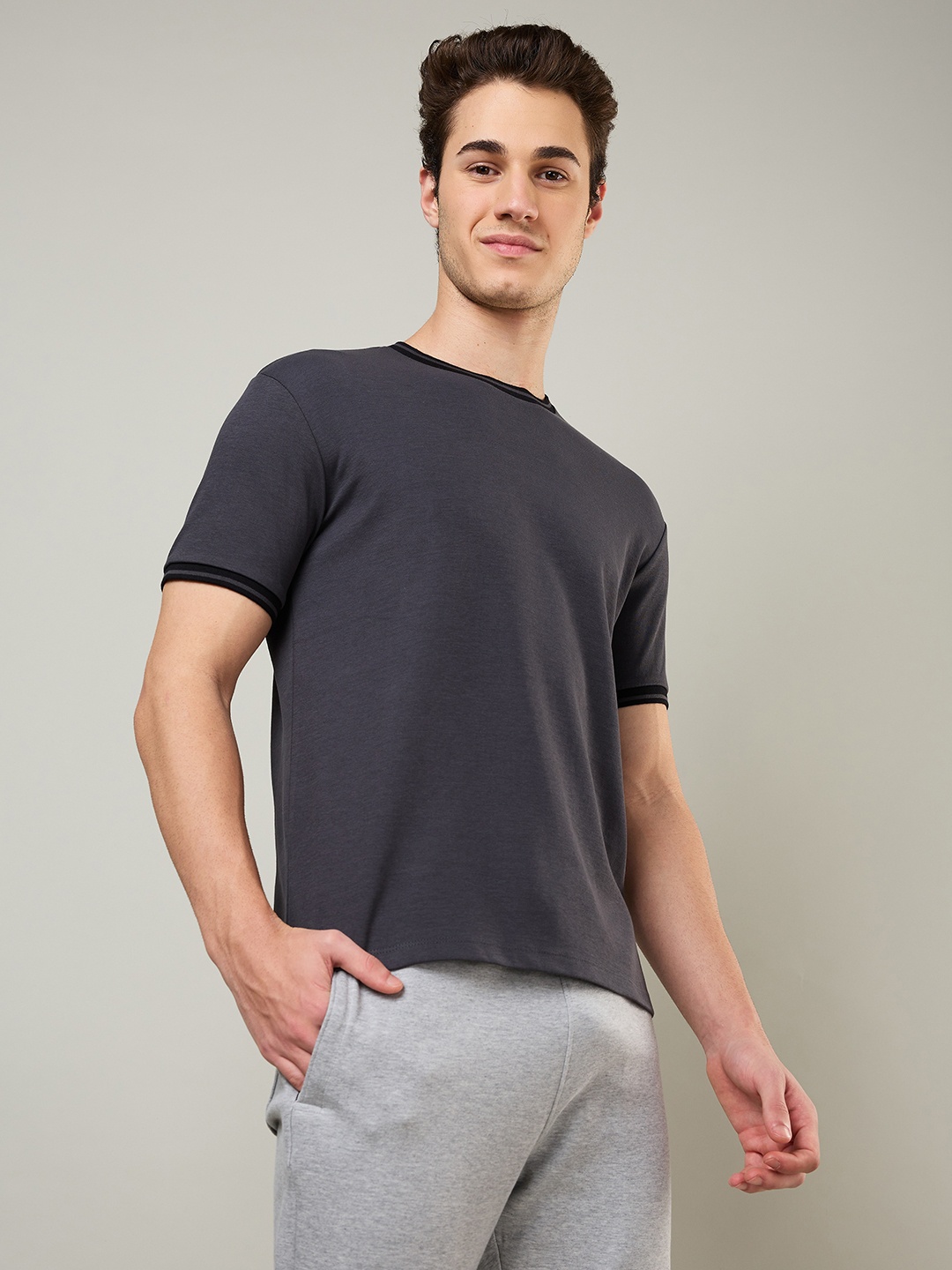 

CELSIUS Men Moisture Wicking Solid Round Neck Cotton T-shirt, Charcoal