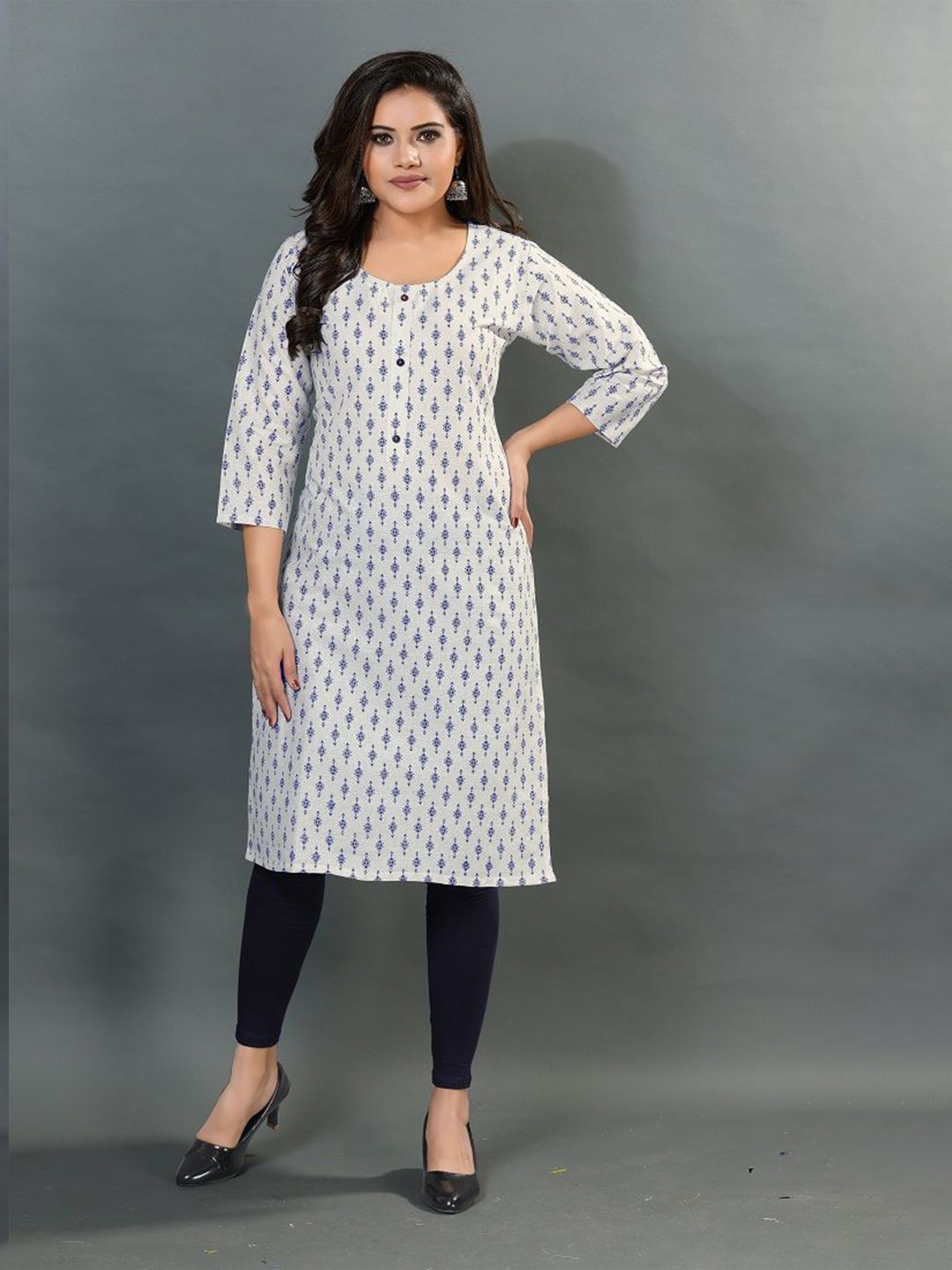 

DREAM & DZIRE Ethnic Motifs Printed Round Neck Pure Cotton Straight Kurta, White