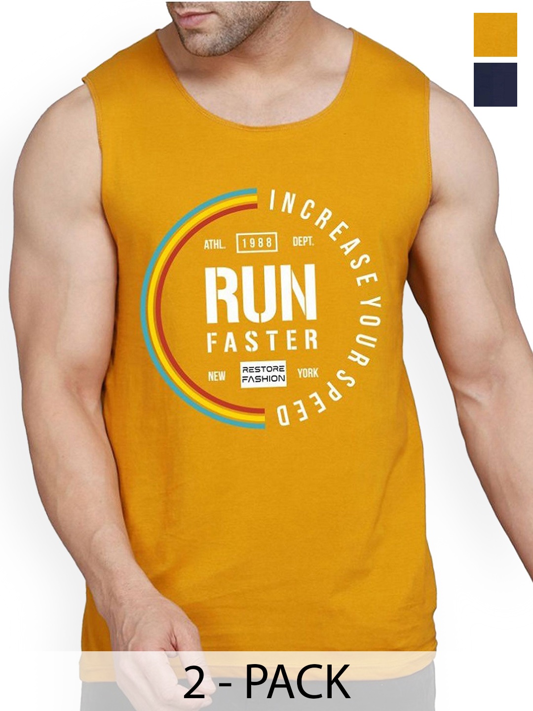 

WOOSTRO Pack Of 2 Printed Combed Cotton Gym Vest, Navy blue