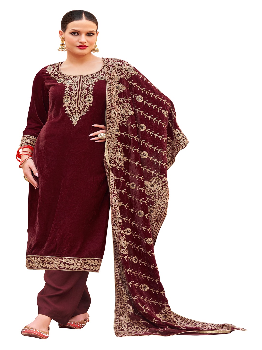 

DRAVINAM Trends Floral Embroidered Velvet Unstitched Dress Material, Maroon