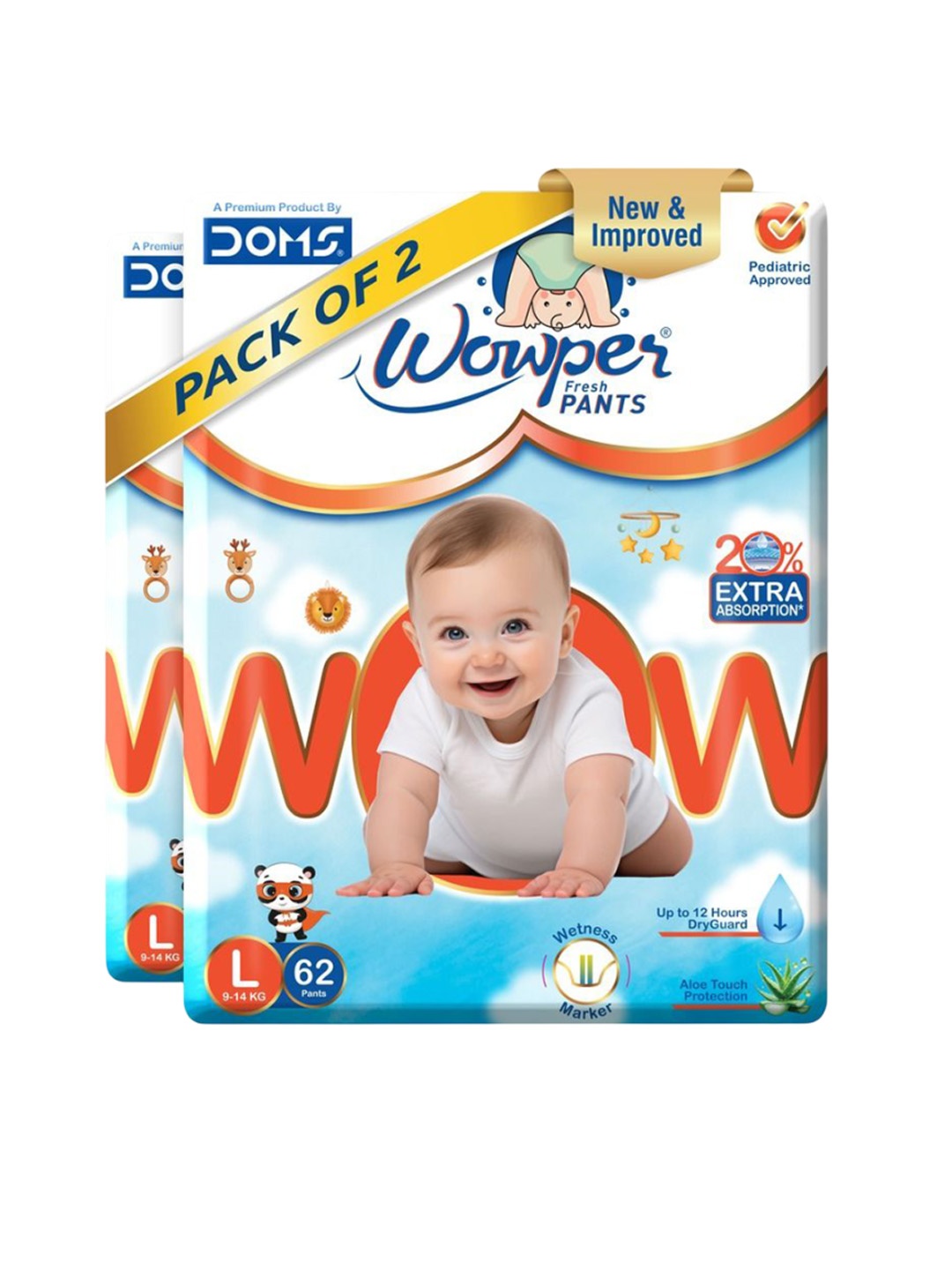 

Wowper Baby Set Of 2 Pant Style Diaper With 3D Diamond Cross Core - L- 62-Pcs Each, White