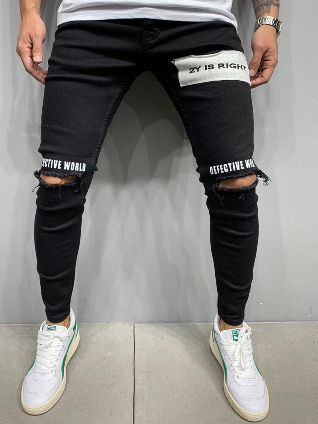 

Star4Well Men Narrow Slim Fit Slash Knee Jeans, Black