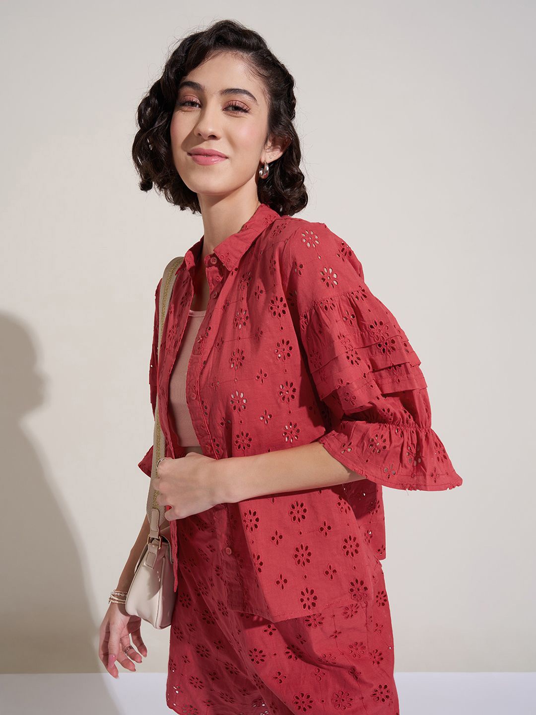 

Honey by Pantaloons Women Self Design Cotton Shirt Style Top, Red
