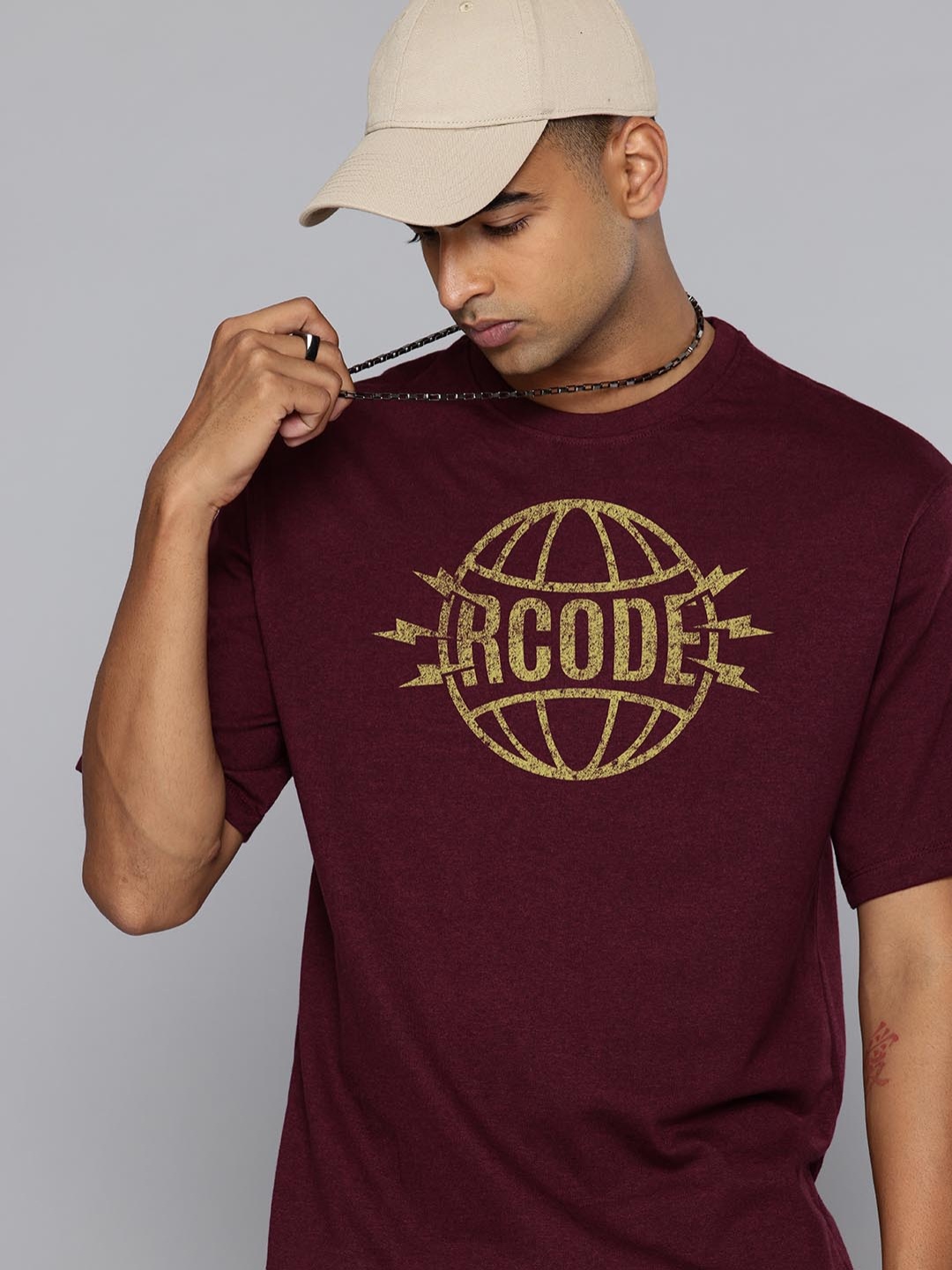 

R.Code by The Roadster Life Co. Men Printed Applique T-shirt, Burgundy
