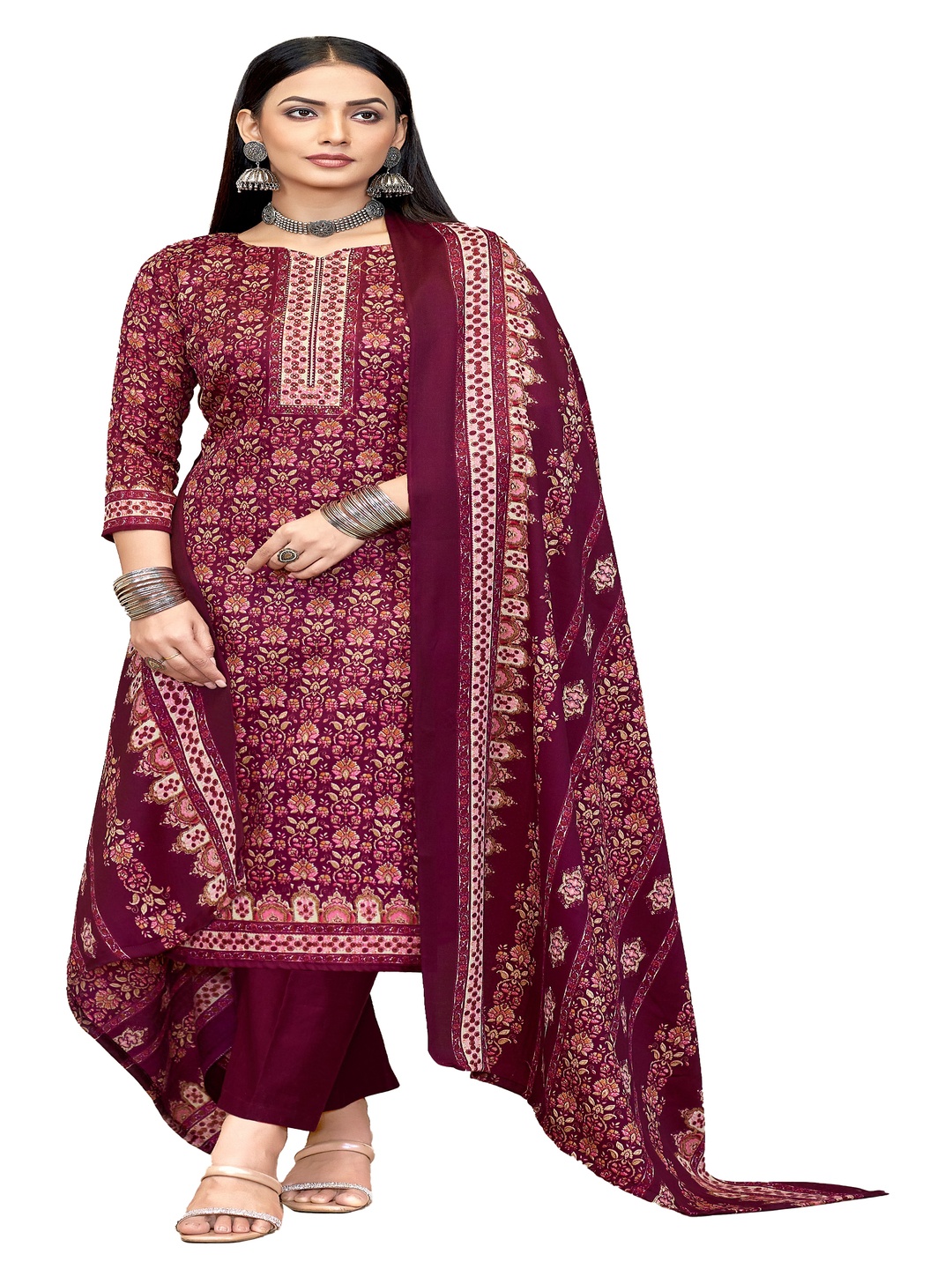 

DRAVINAM Trends Floral Printed Pashmina Unstitched Dress Material, Maroon