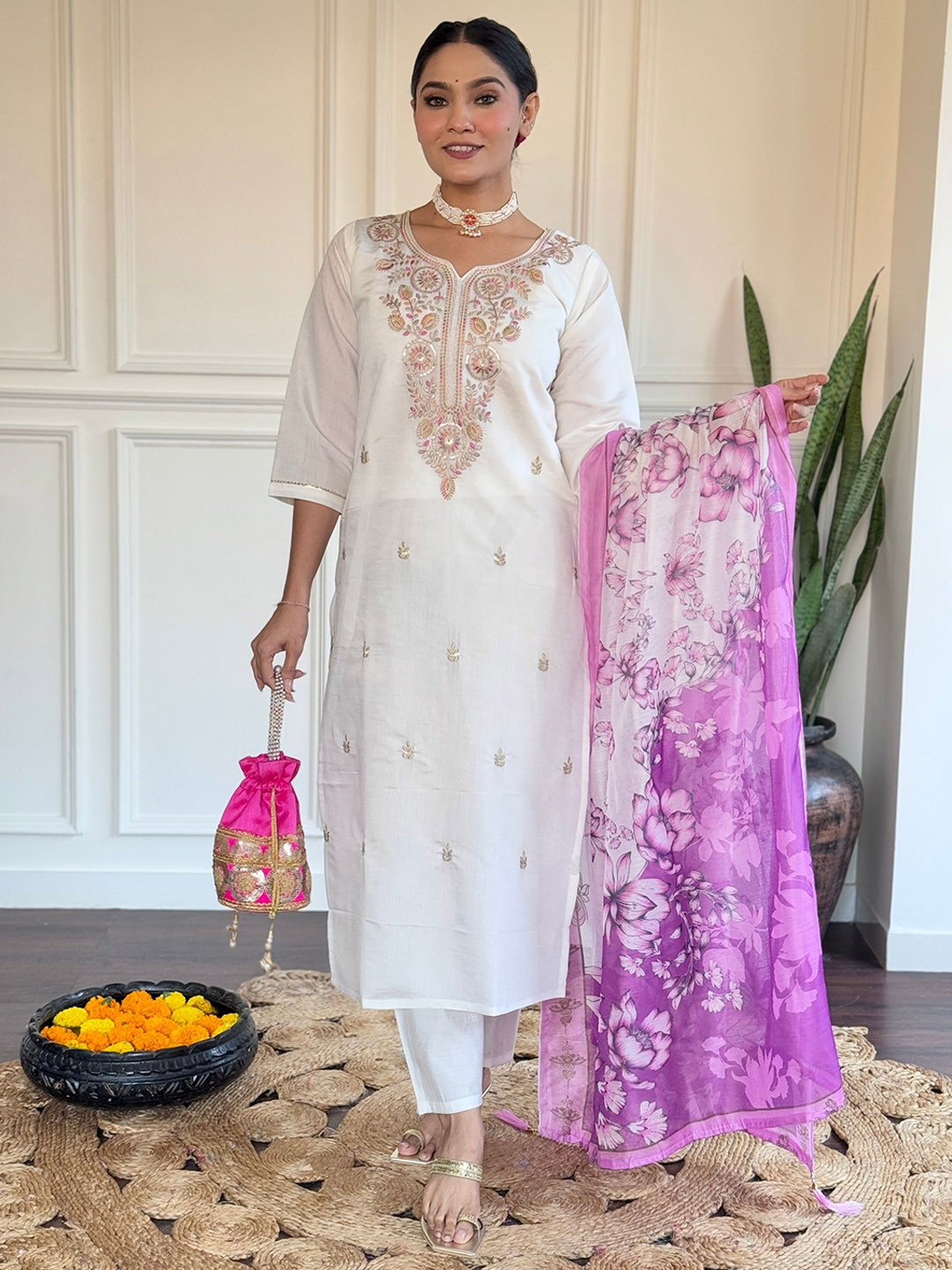 

KALINI Thread Work Notch Neck Straight Kurta With Trousers And Dupatta, White