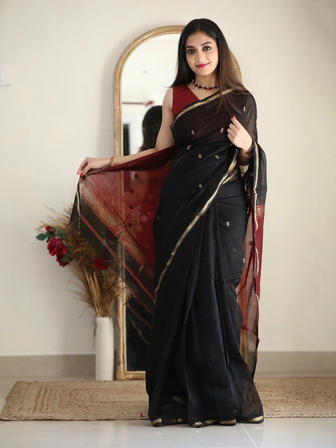 

bansari textiles Woven Design Zari Kota Saree, Black