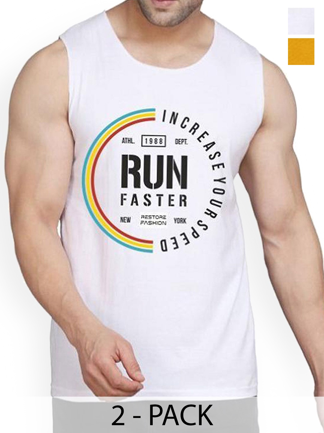 

WOOSTRO Pack Of 2 Printed Combed Cotton Gym Vest RS26 CMB (HARD MUSTARD) (RUN WHITE)