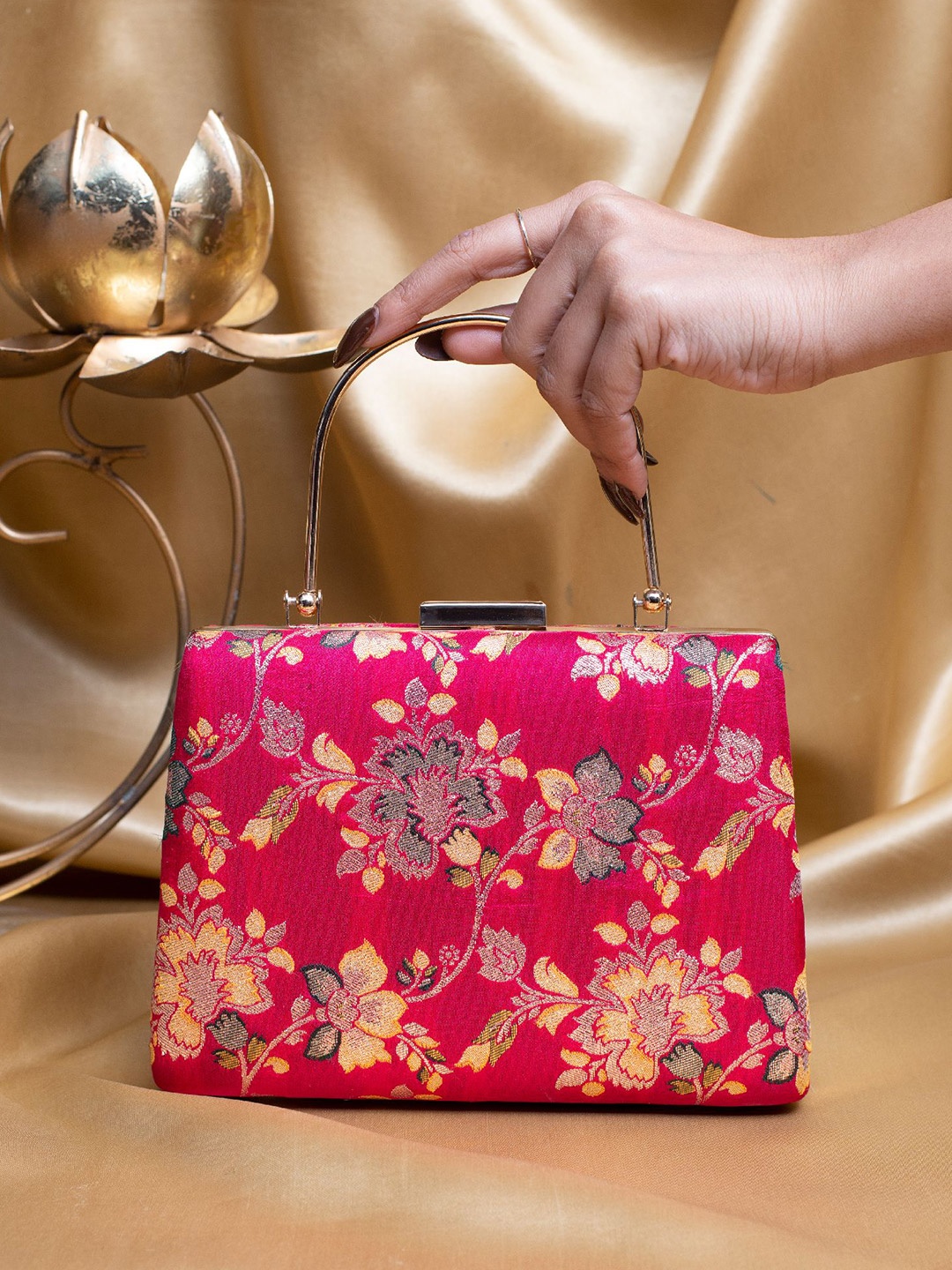 

ARTKLIM Floral Embroidered Brocade Box Clutch, Pink