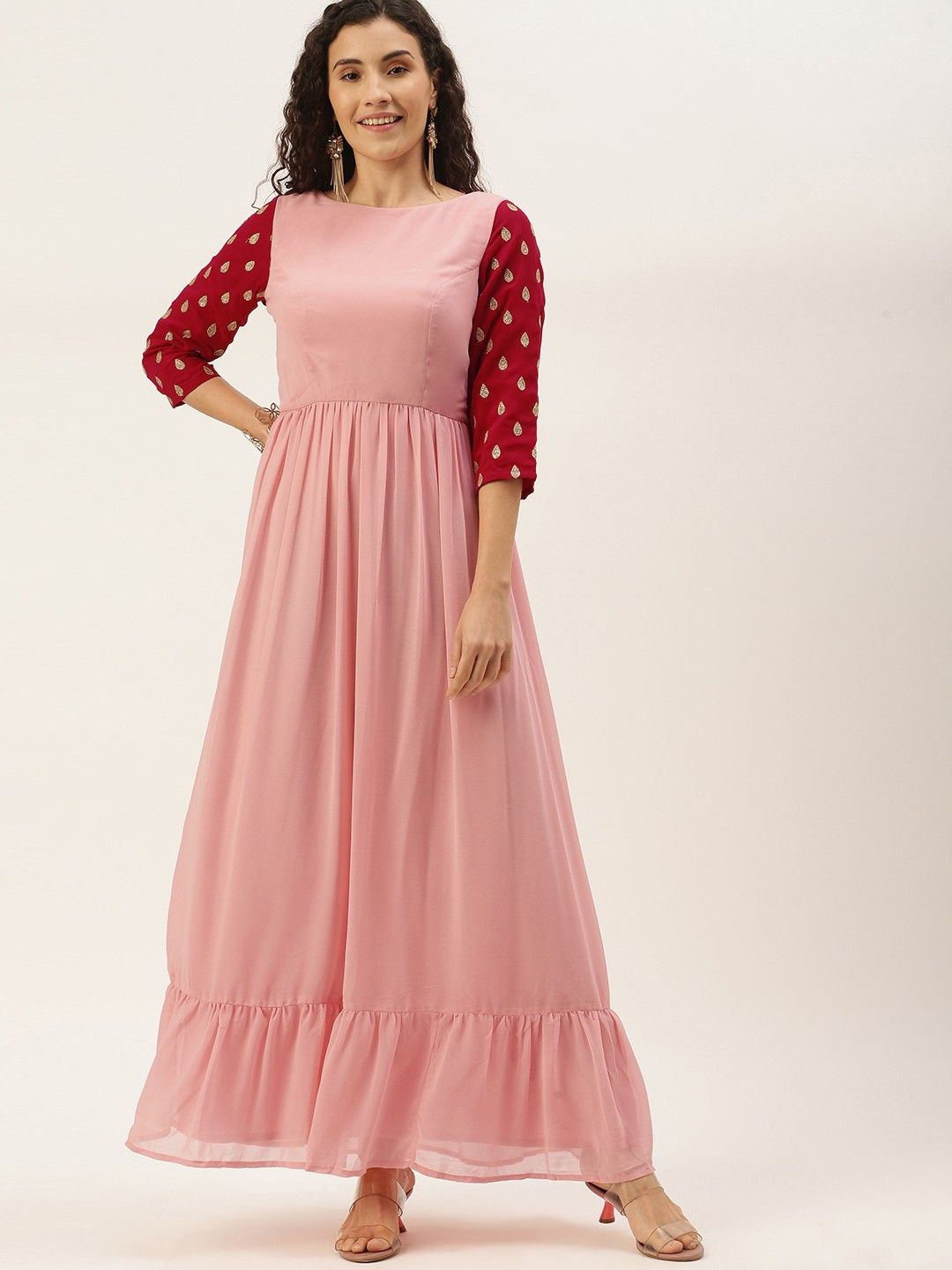 

Ethnovog Georgette Fit and Flare Embroidered Maxi Dress, Pink