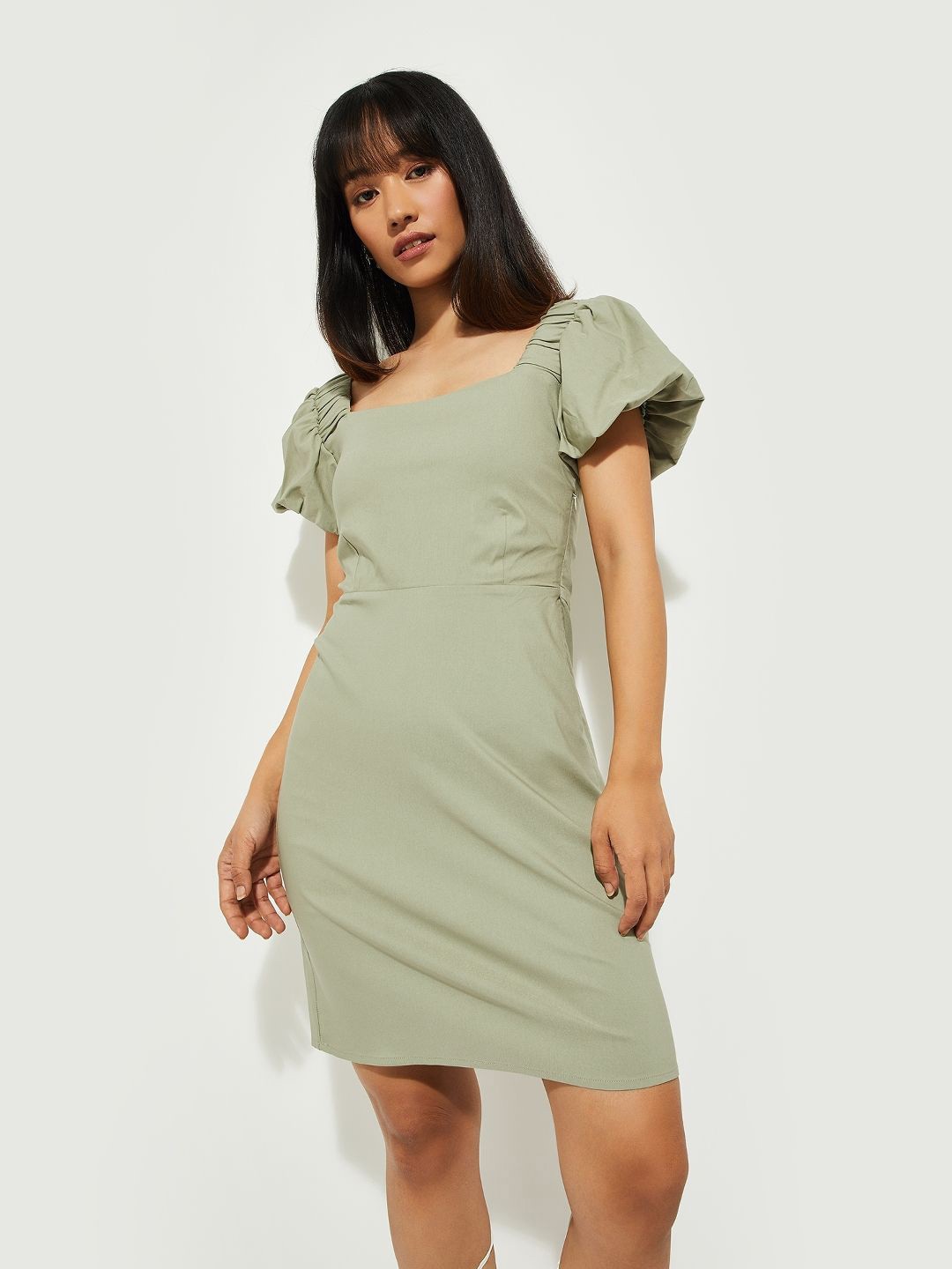 

max Women Puff Sleeve Sheath Dress, Green