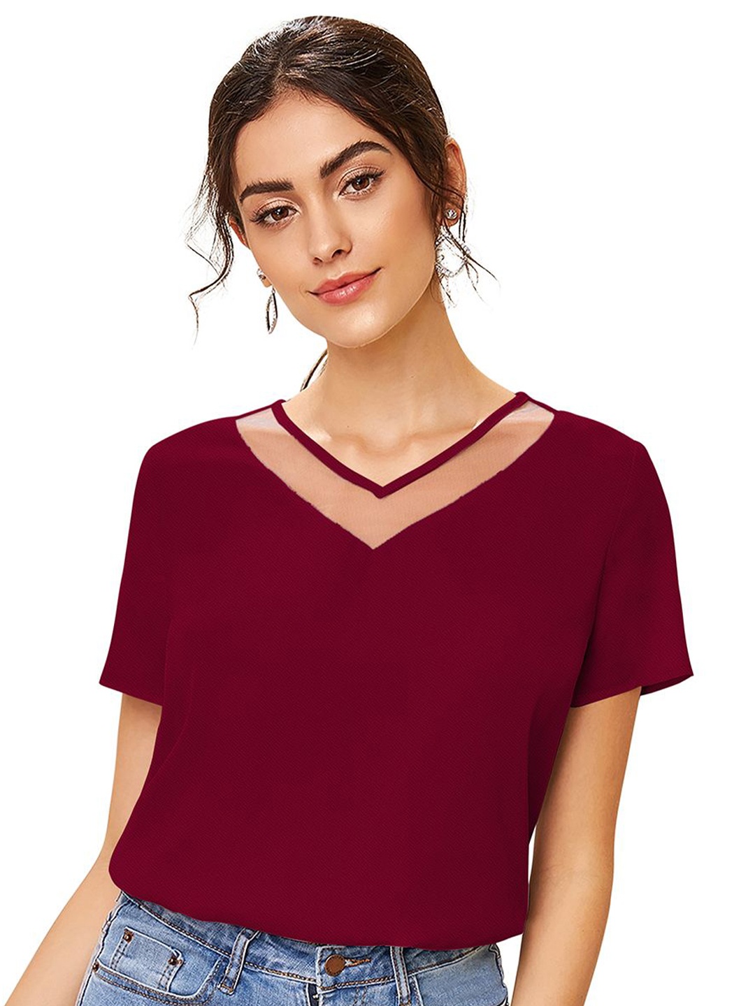 

Fashion Care Women V-Neck Short Sleeves Top, Maroon