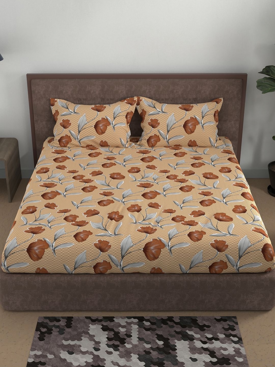 

BELLA CASA Brown Floral Printed180 TC Cotton Queen Bedsheet Set 2.7 m x 2.2 m