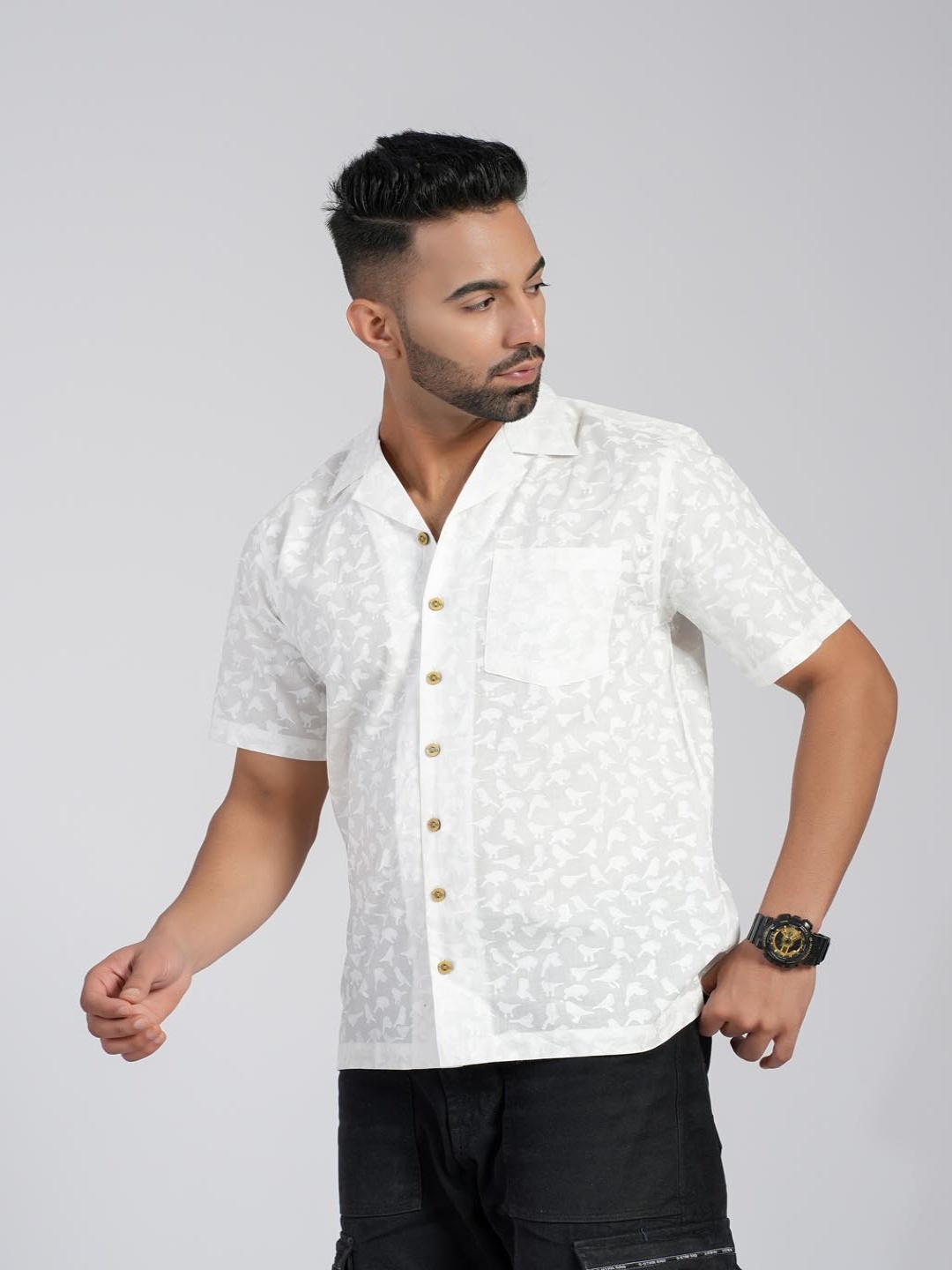 

Cotton Curio Men Comfort Fit Cuban Collar Conversational Printed Cotton Casual Shirt, White