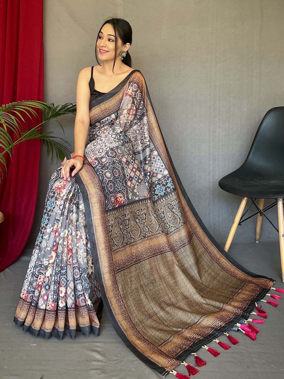 

TORONFRAS Ethnic Motifs Chanderi Saree, Grey