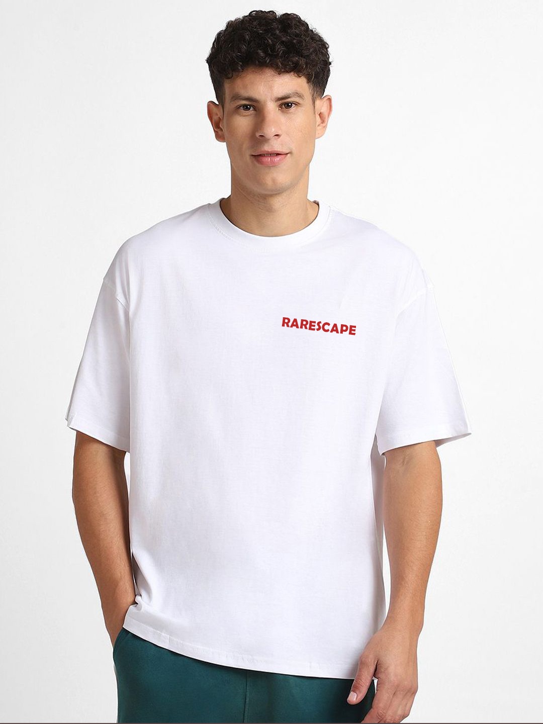 

RARESCAPE Men Typography Printed Round Neck Cotton Oversized T-shirt, White